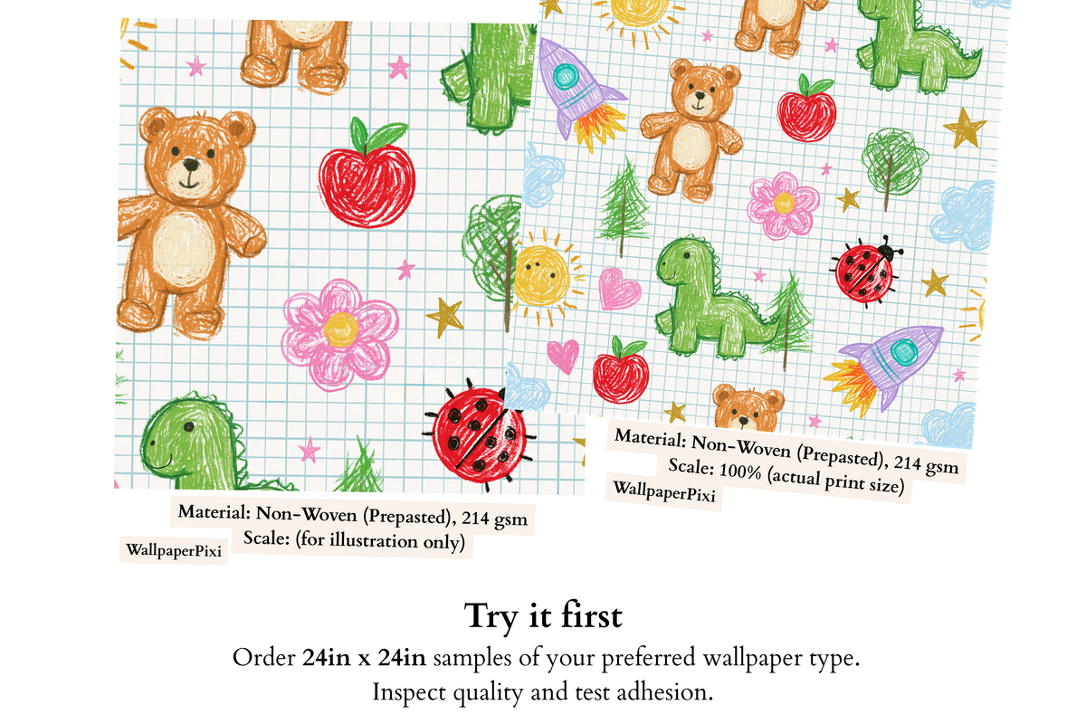 High resolution detail of realistic waxy crayon texture and light blue grid lines on seamless wallpaper
