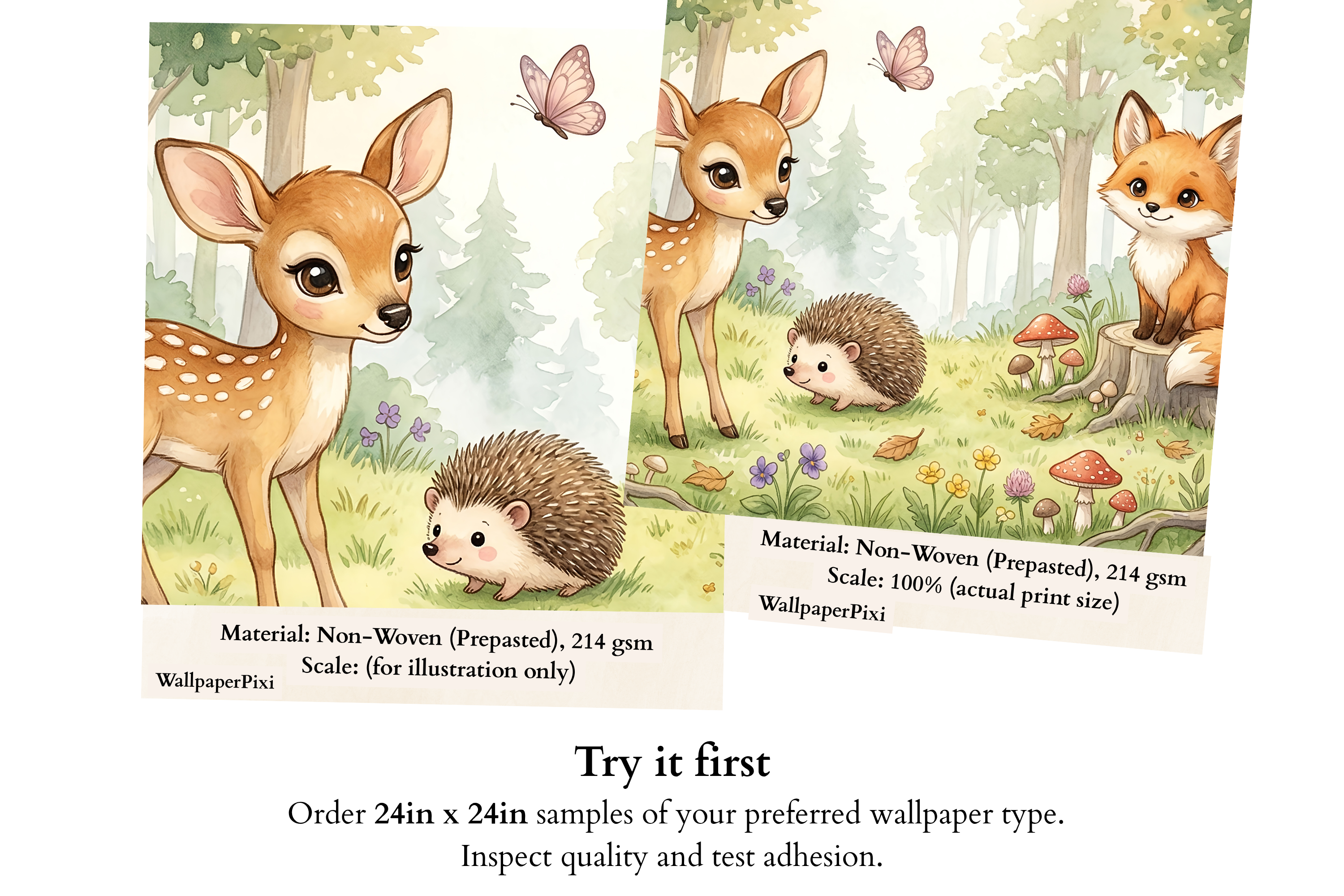 Woodland Animals Wall Mural | Watercolour Deer Fox Hedgehog Nursery Design