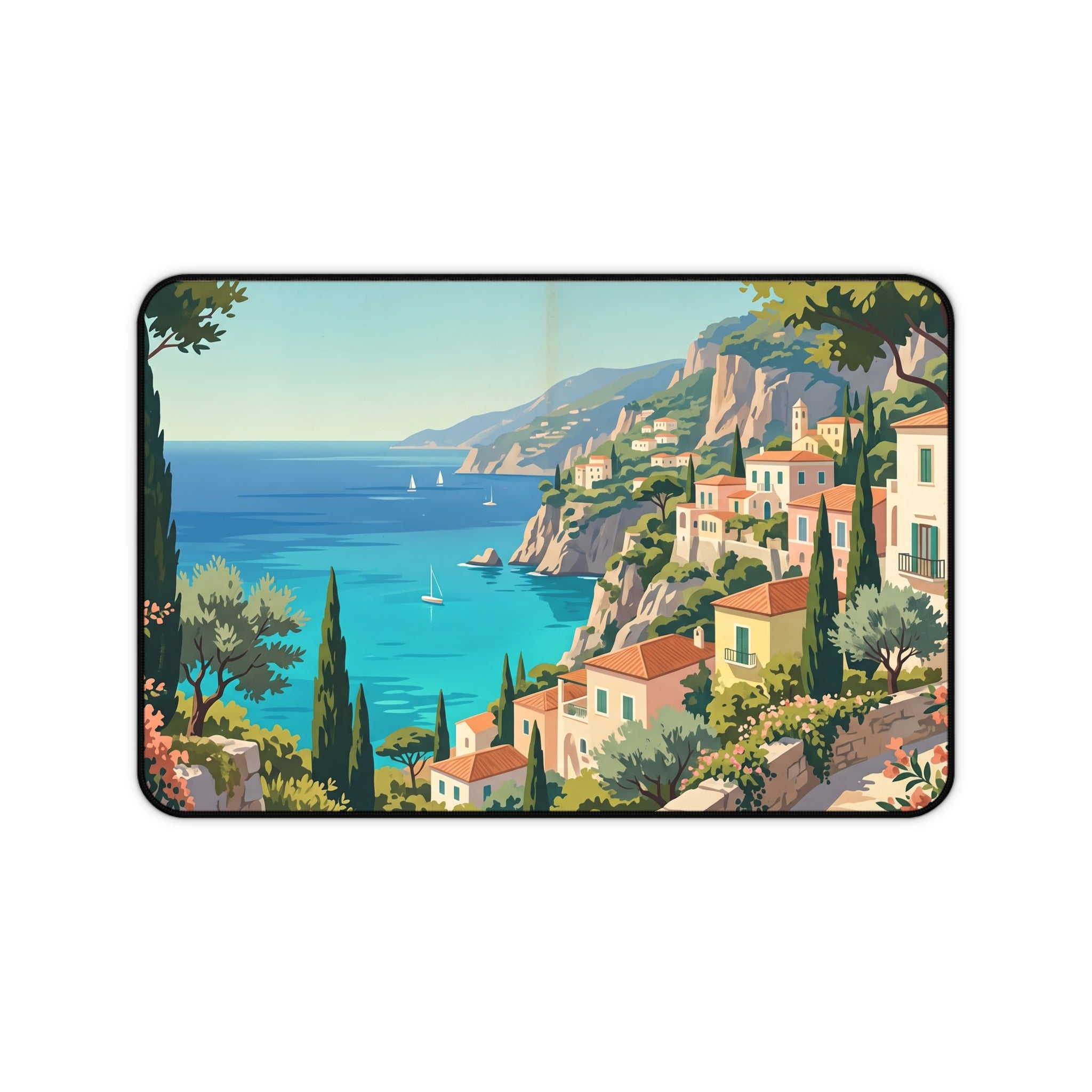 Mediterranean Coastal Village Desk Mat Vintage Italian Riviera Art Workspace Pad