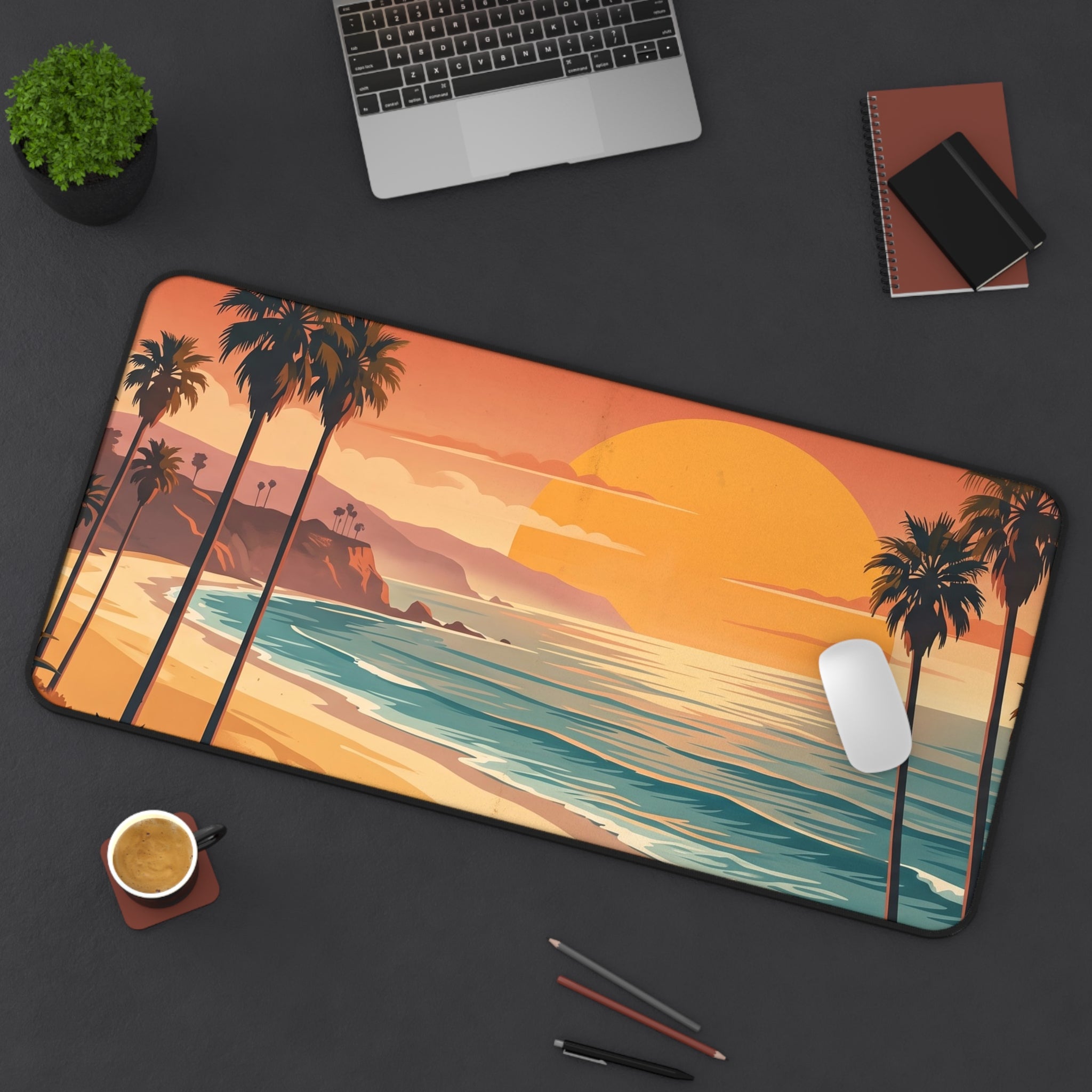 Retro California Beach Sunset Desk Mat Vintage Palm Tree Coastal Art