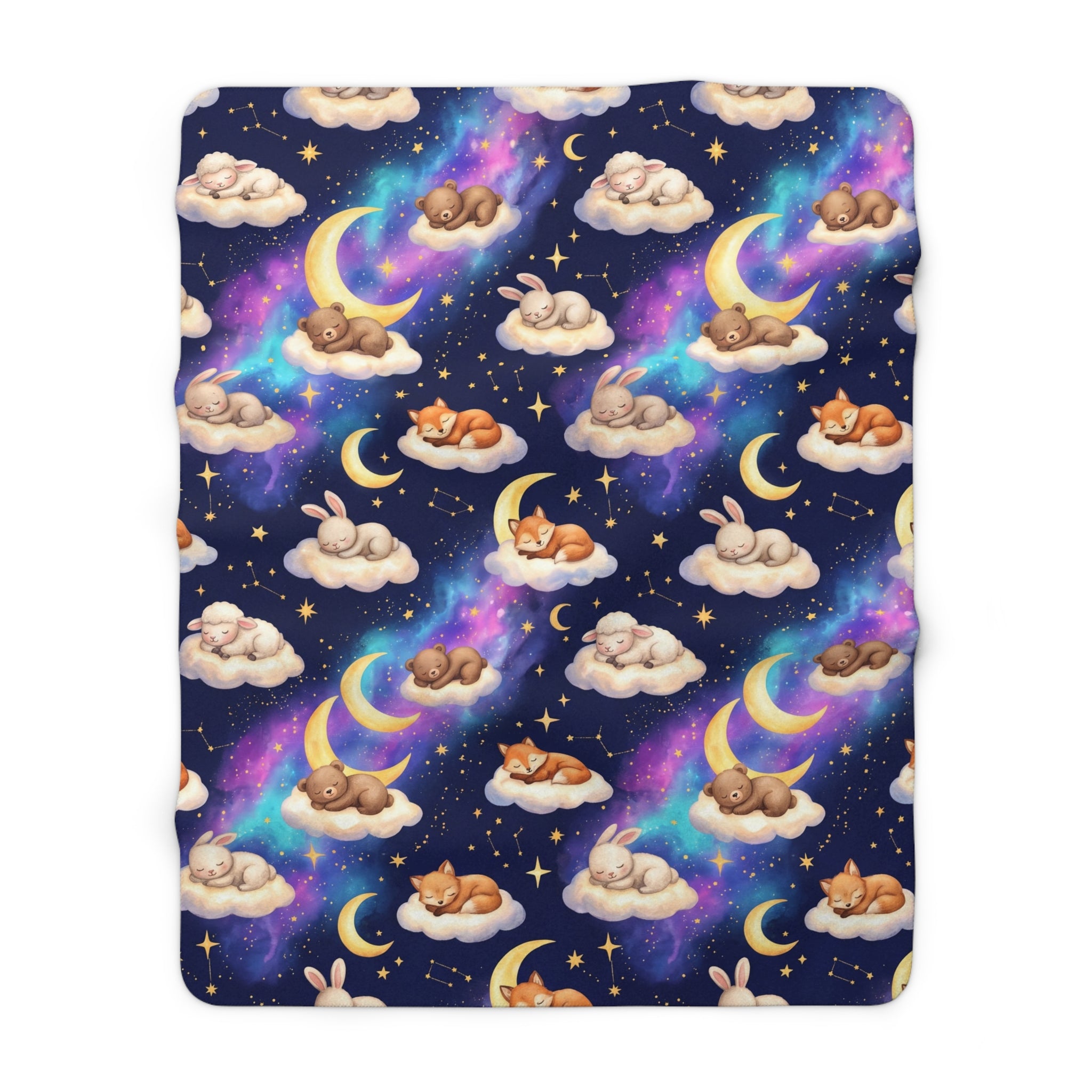 Celestial Sleeping Animals & Galaxy Sherpa Fleece Blanket Starry Night Nursery Throw