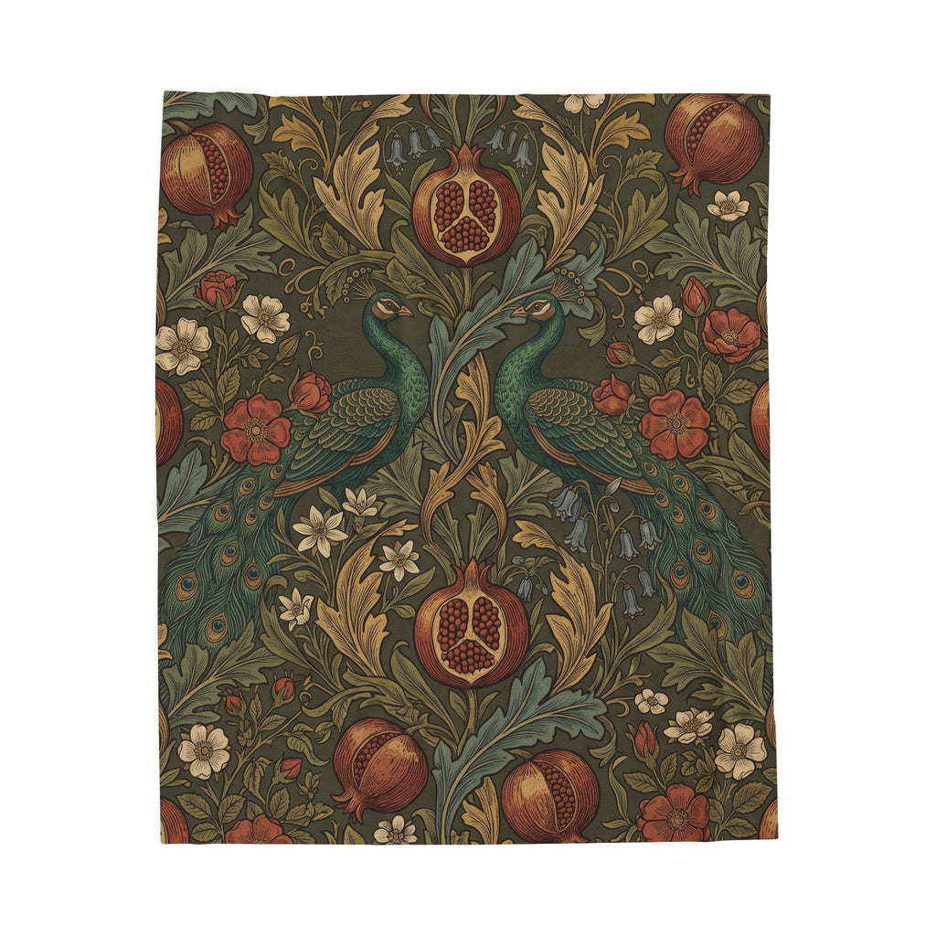 Vintage William Morris Peacock Plush Throw Blanket Botanical Pomegranate Velvety Throw