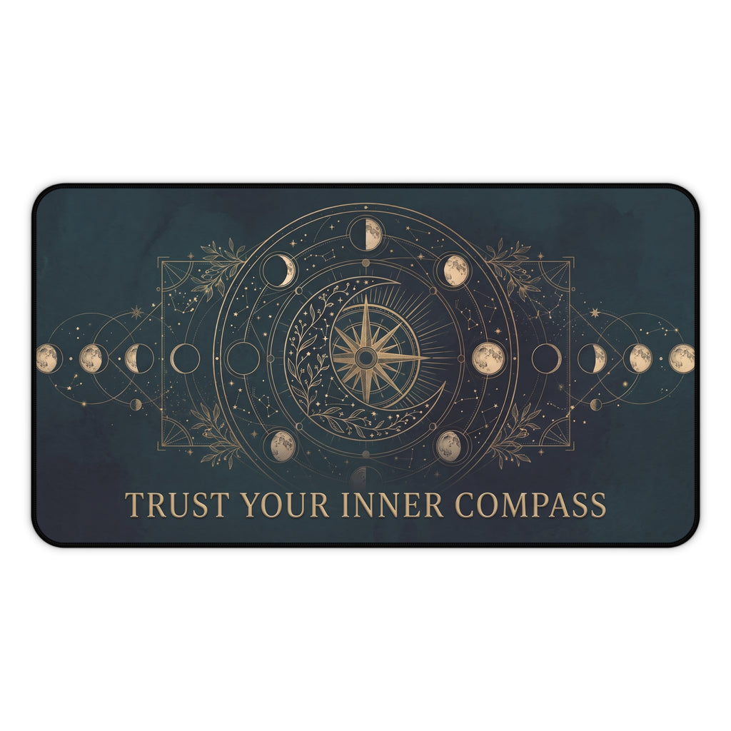 Mystical Celestial Desk Mat "Trust Your Inner Compass" Moon Phase Art | Dark Teal & Gold Neoprene Pad