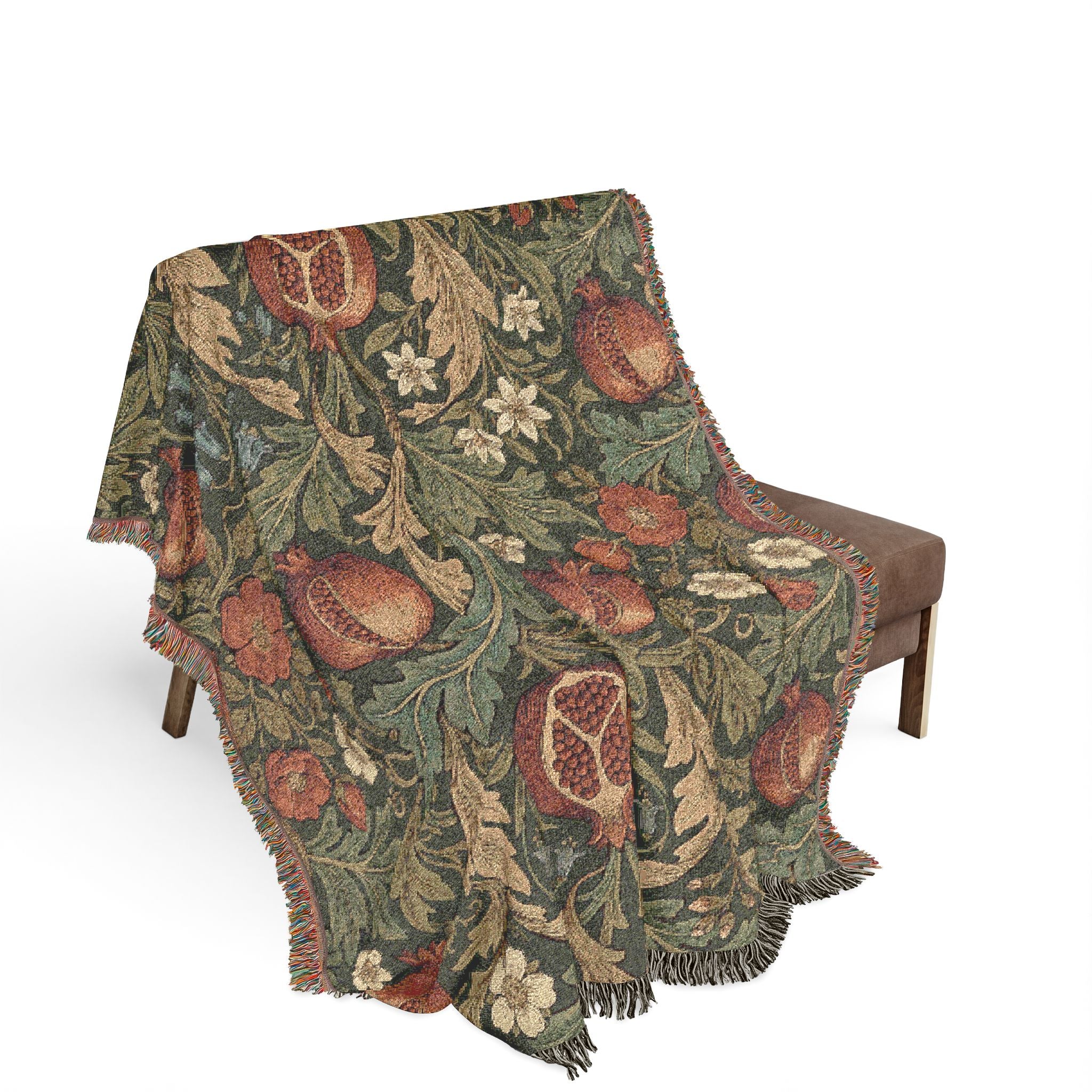 Vintage William Morris Pomegranate Woven Throw Blanket Olive Botanical Tapestry