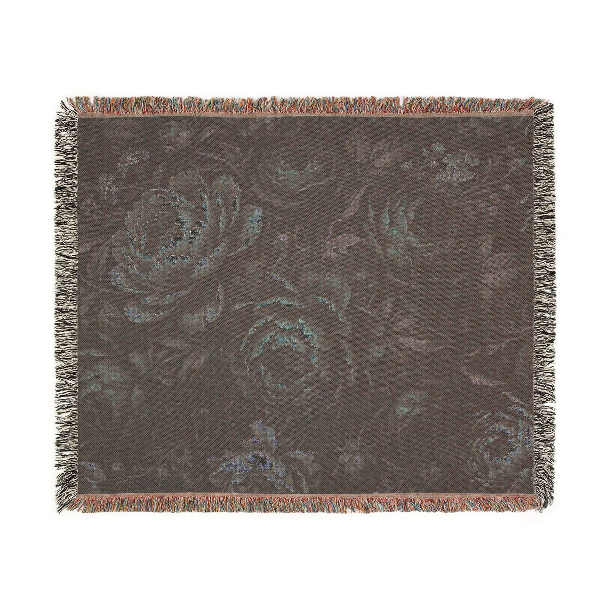 Dark Floral Peony Woven Throw Blanket Moody Botanical Tapestry