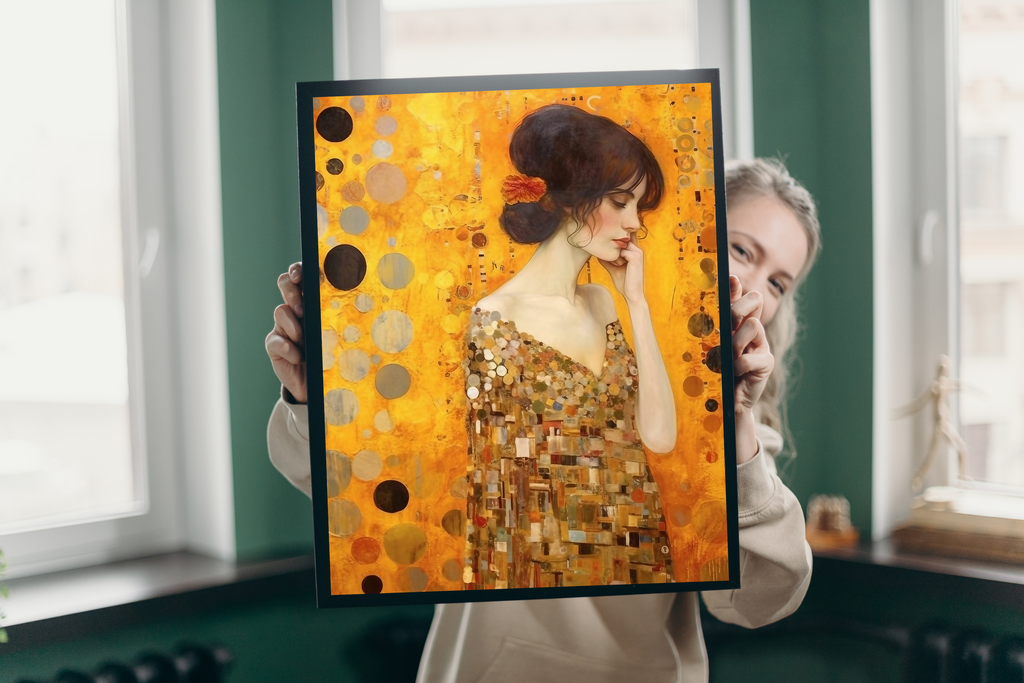Detail view showing texture of mosaic gown and gold background patterns on print