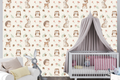 Neutral woodland animal wallpaper with bunny, owl, deer, hedgehog, mushrooms, acorns, and soft leafy details on a light background