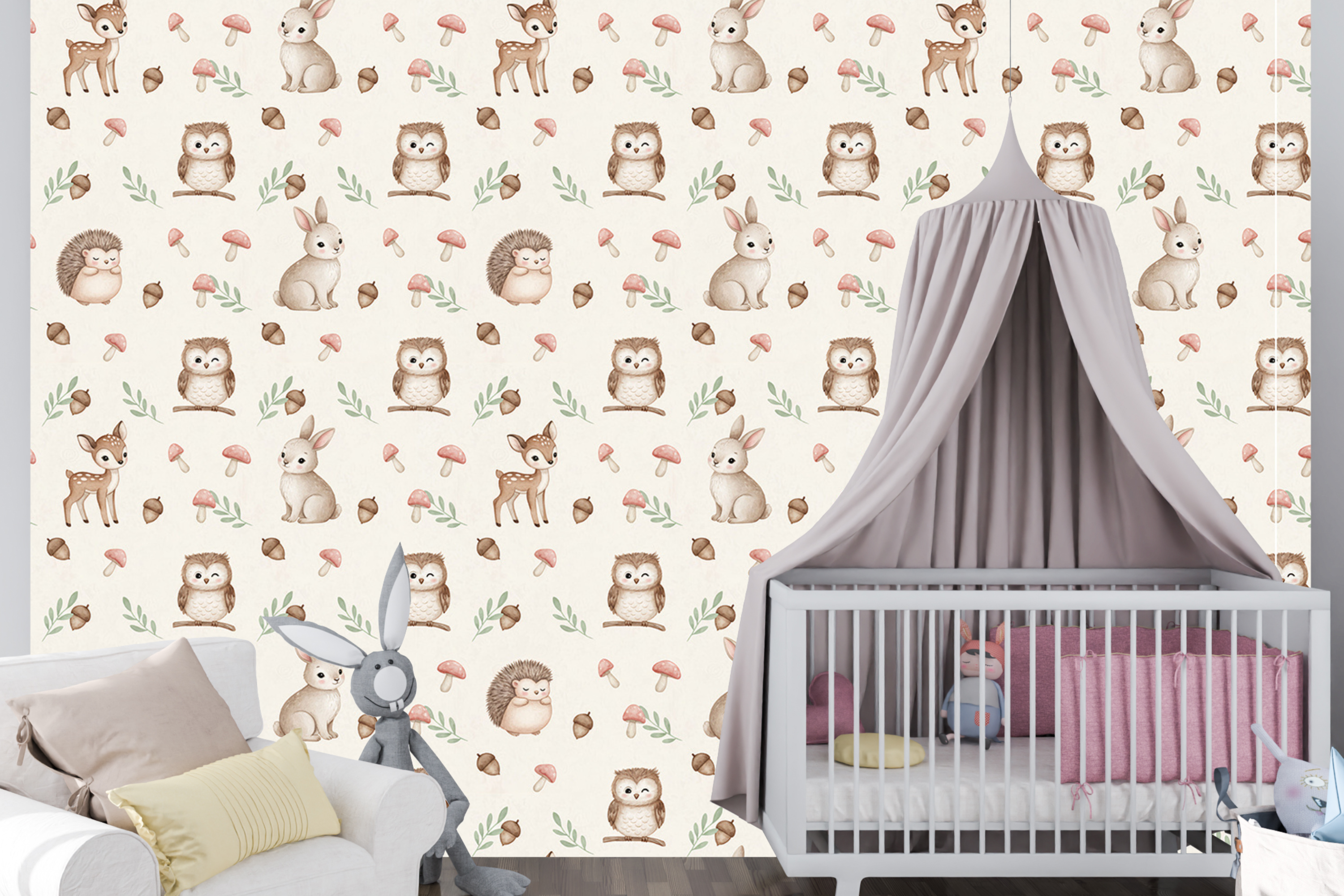 Neutral woodland animal wallpaper with bunny, owl, deer, hedgehog, mushrooms, acorns, and soft leafy details on a light background