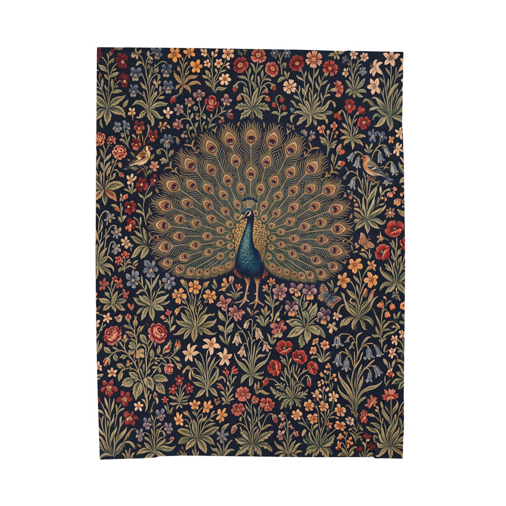 Vintage Peacock Millefleur Plush Velvety Throw Blanket Dark Floral Botanical