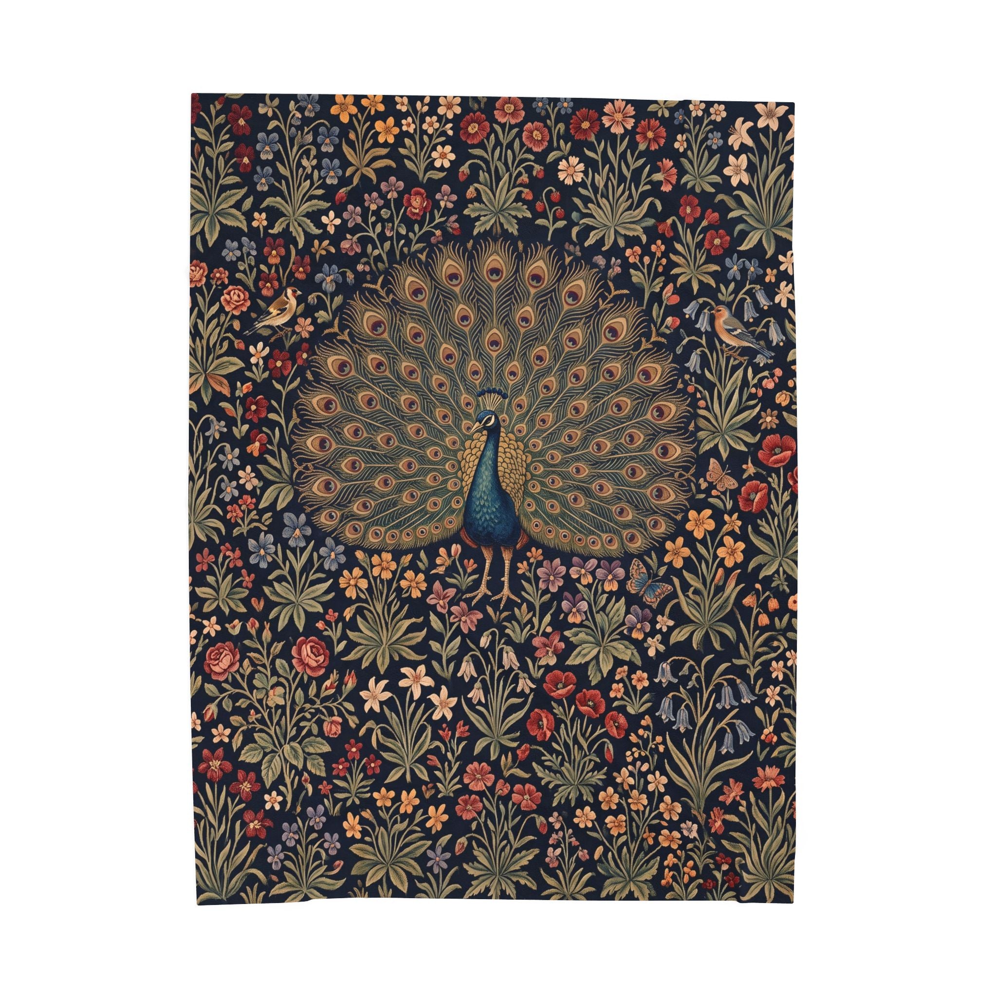 Vintage Peacock Millefleur Plush Velvety Throw Blanket Dark Floral Botanical
