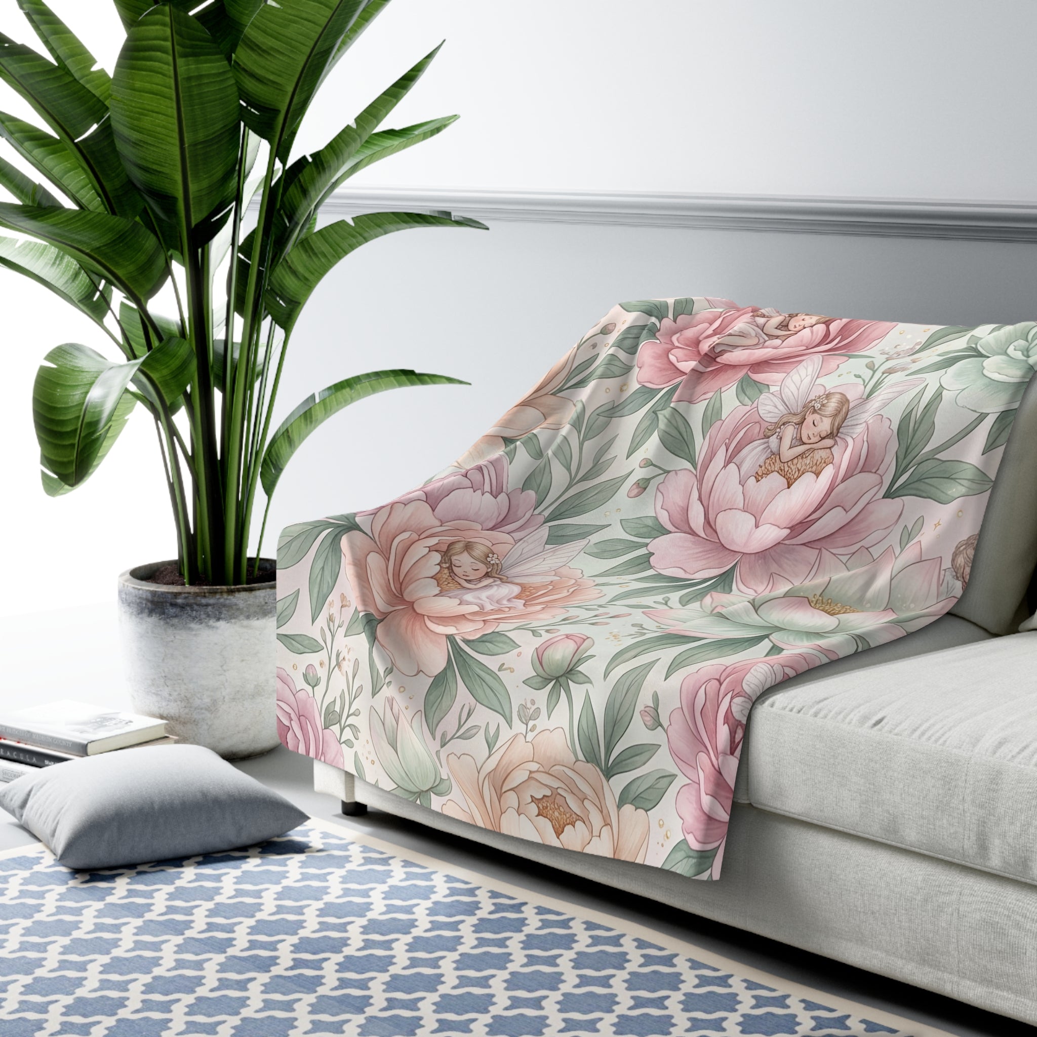 Watercolor Sleeping Pixie & Floral Sherpa Fleece Blanket Fairycore Nursery Throw