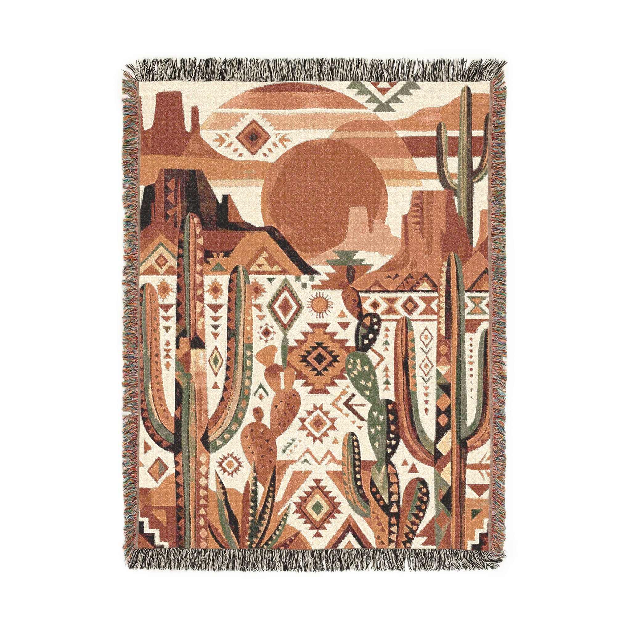 Southwestern Desert Sunset Woven Throw Blanket Boho Cactus Tapestry