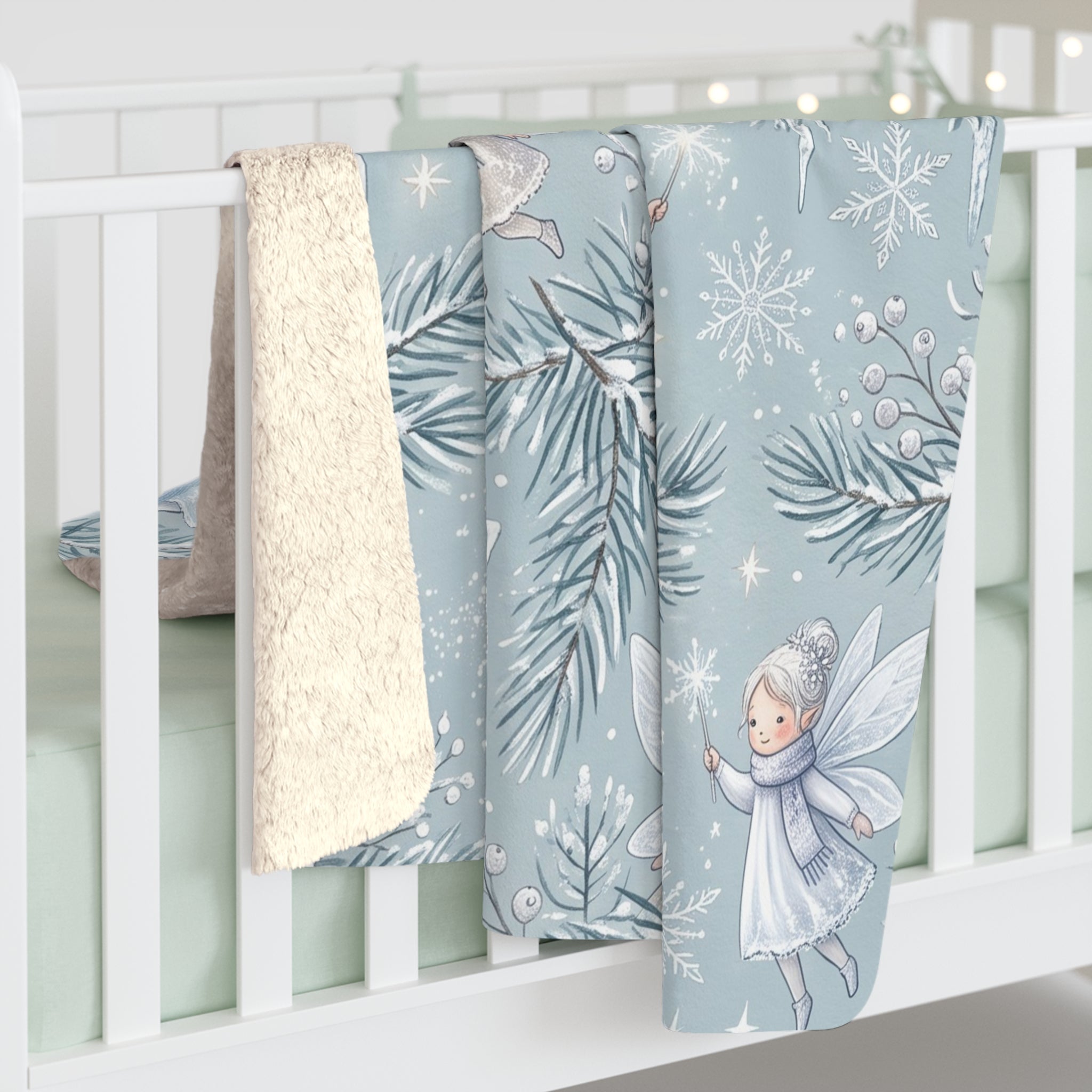 Winter Fairies & Snowflakes Sherpa Fleece Blanket Ethereal Holiday Throw