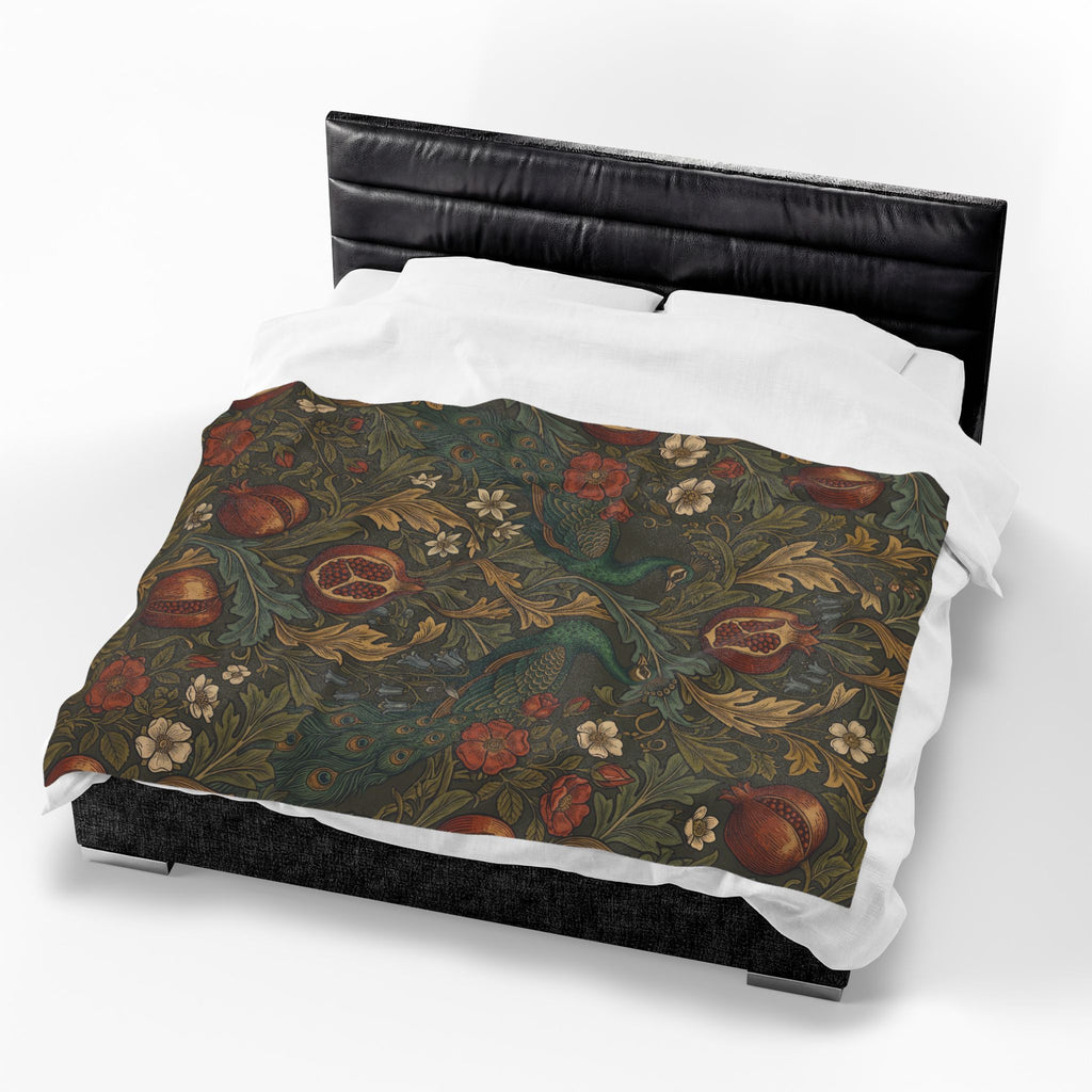 Vintage William Morris Peacock Plush Throw Blanket Botanical Pomegranate Velvety Throw