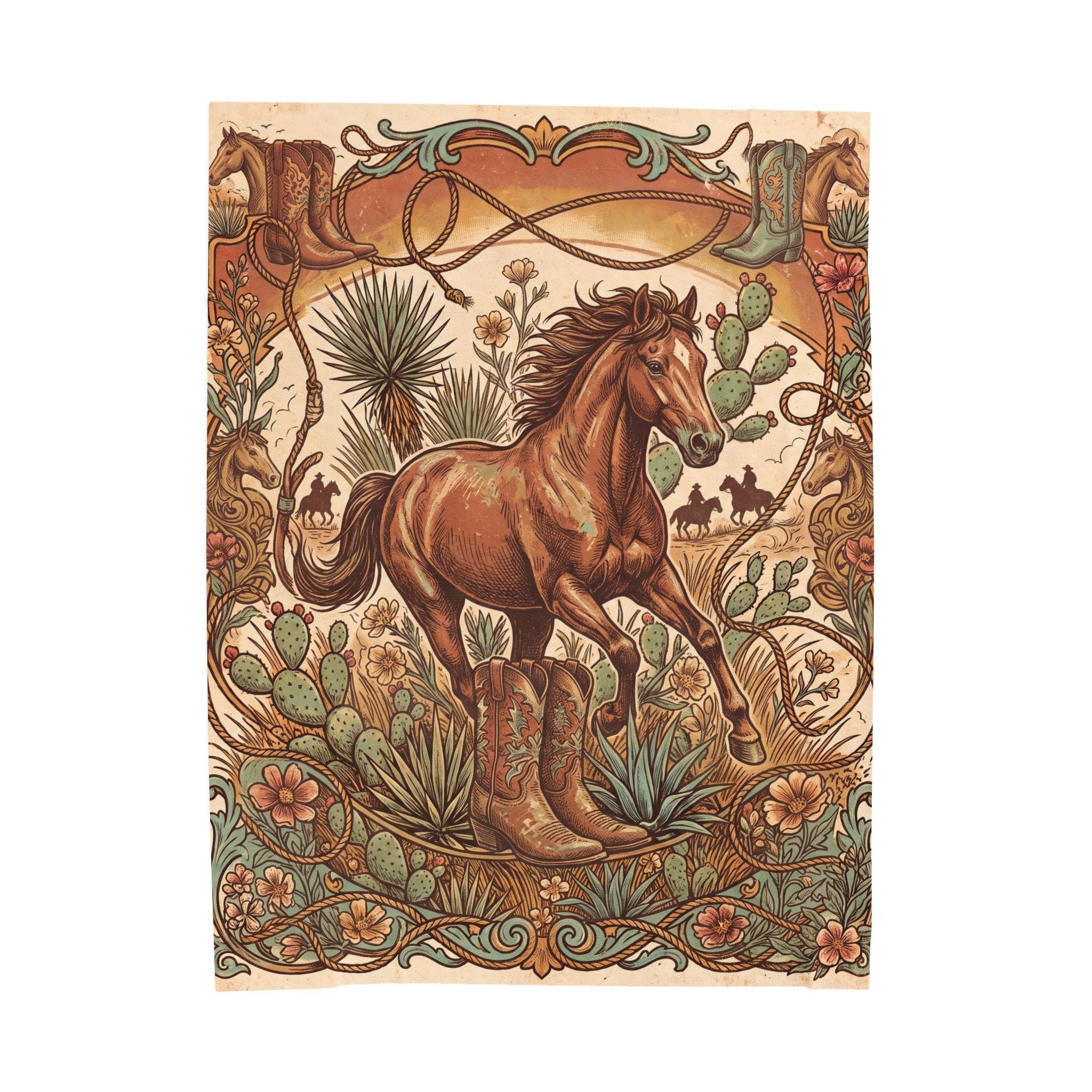 Vintage Western Wild Horse Plush Throw Blanket Cowboy Desert Velvety Blanket