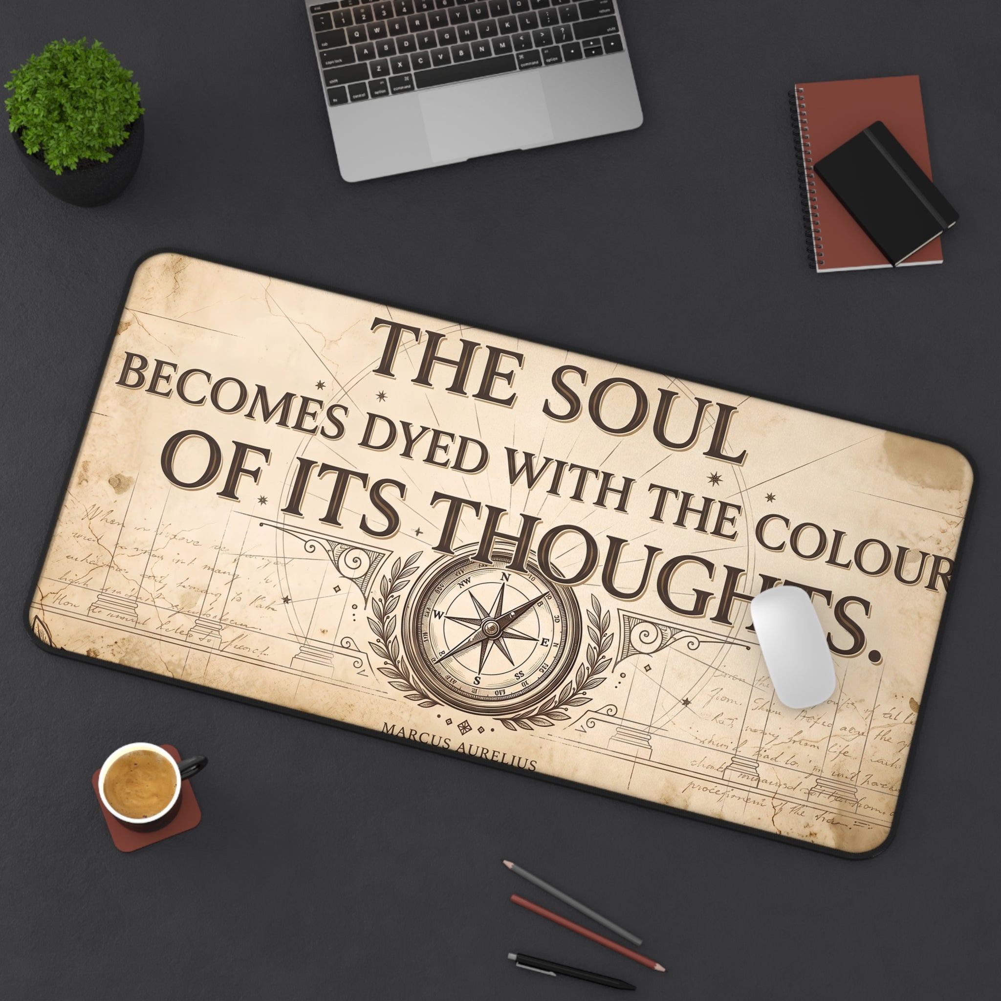 Stoic Philosophy Desk Mat Marcus Aurelius Quote & Vintage Compass Art Office Pad