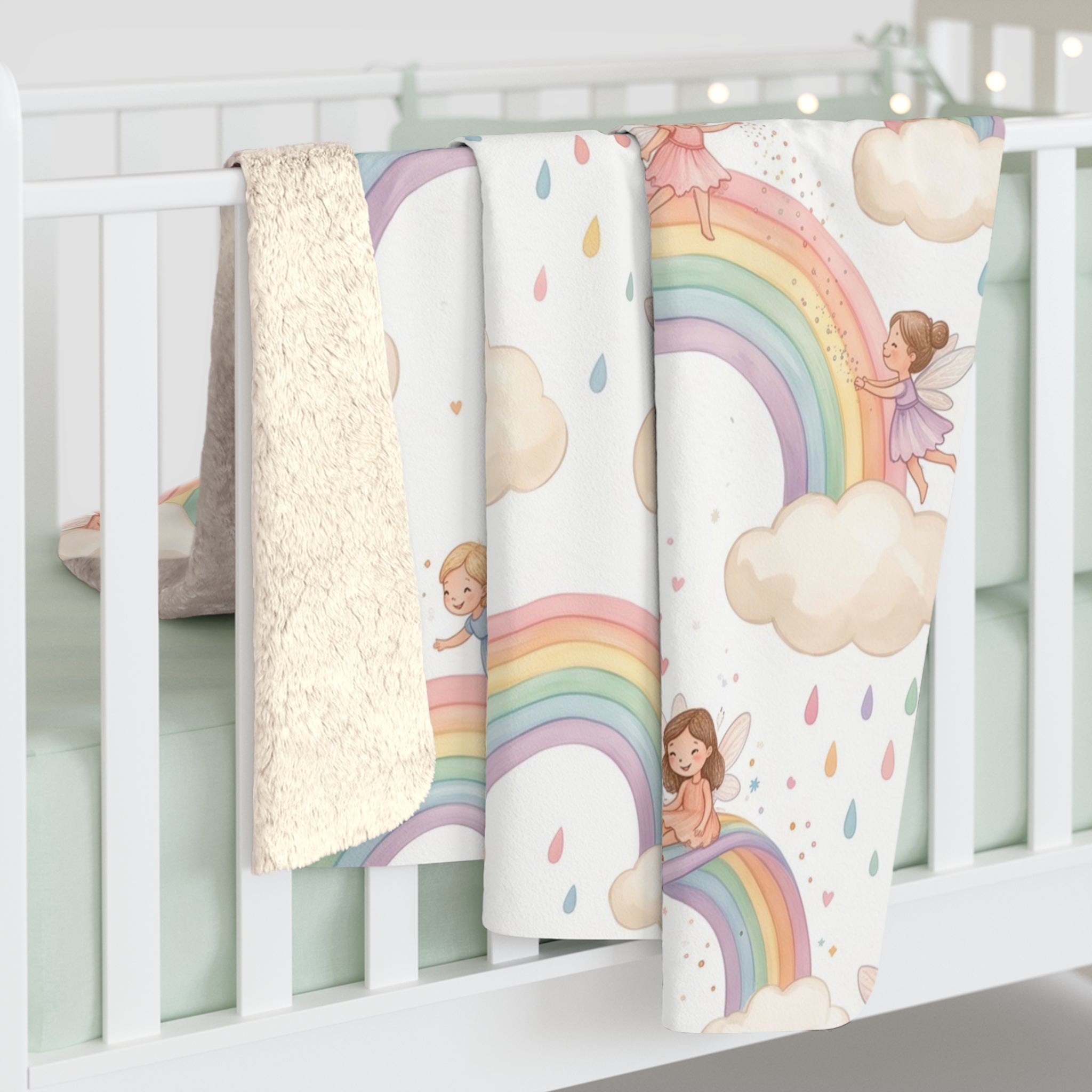 Pastel Fairy & Rainbow Sherpa Fleece Blanket Magical Nursery Throw