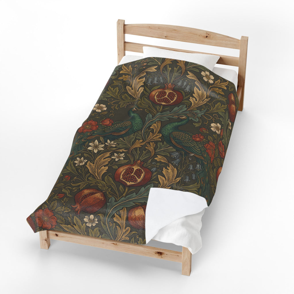 Vintage William Morris Peacock Plush Throw Blanket Botanical Pomegranate Velvety Throw