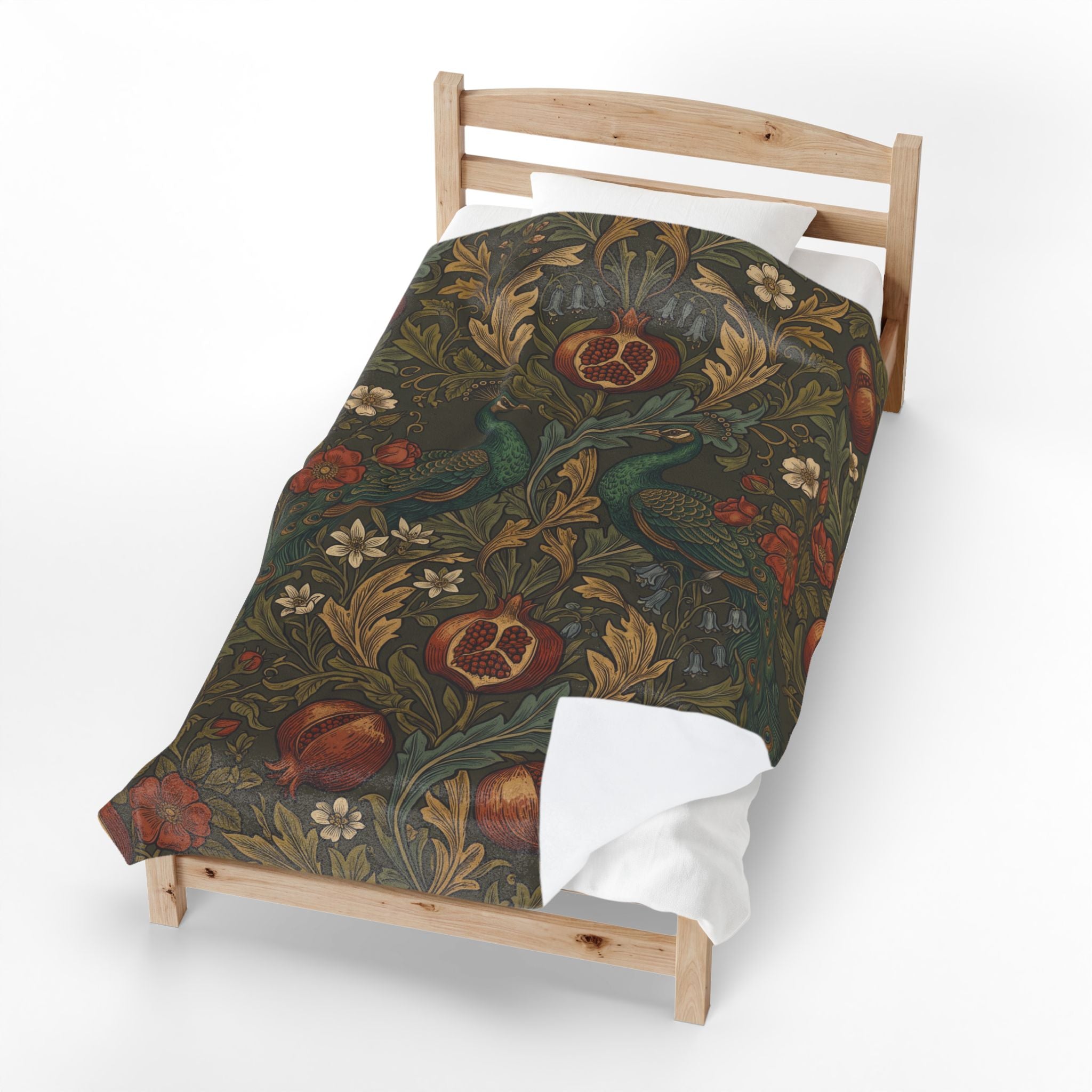 Vintage William Morris Peacock Plush Throw Blanket Botanical Pomegranate Velvety Throw