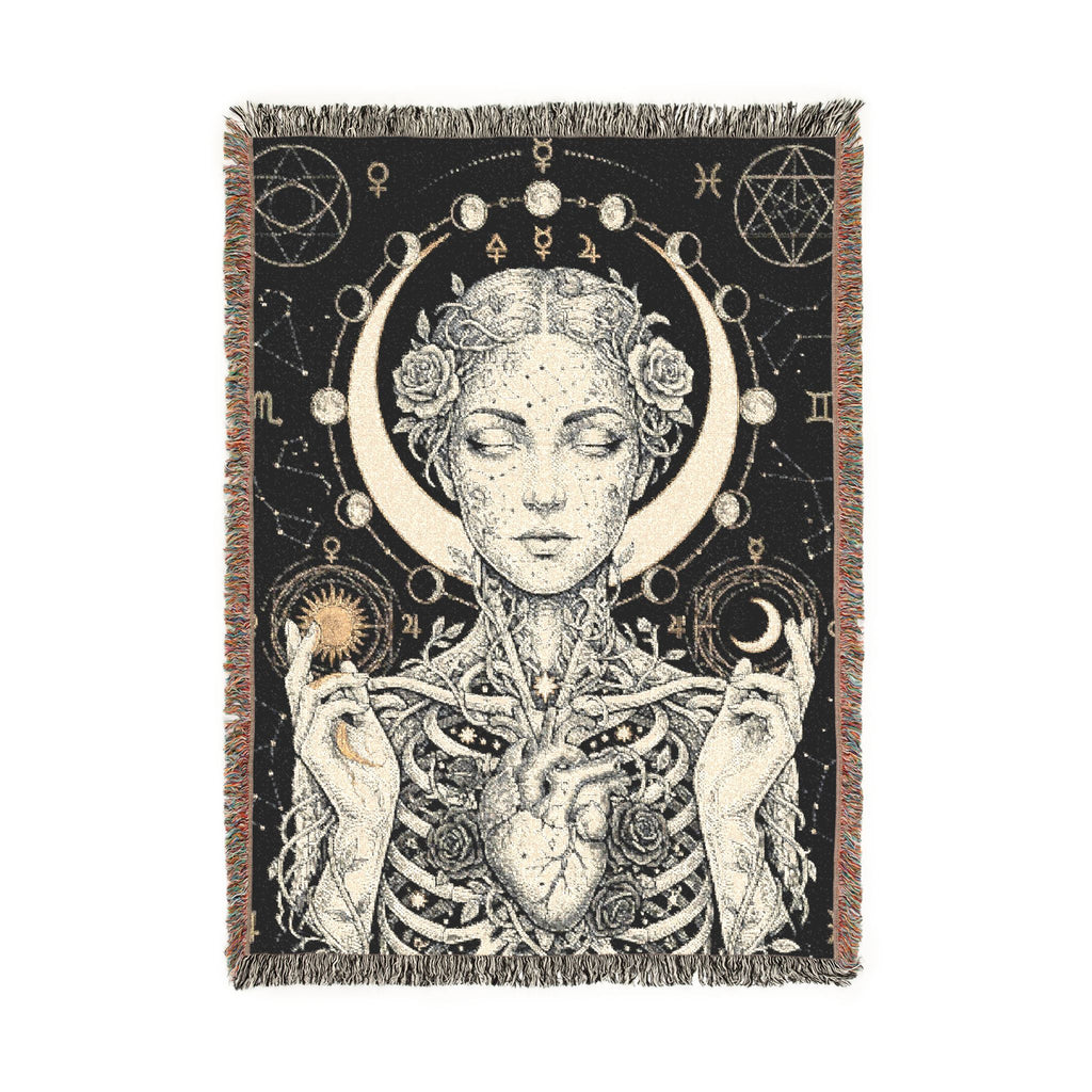 Mystical Celestial Goddess Woven Throw Blanket Dark Macabre Botanical Tapestry