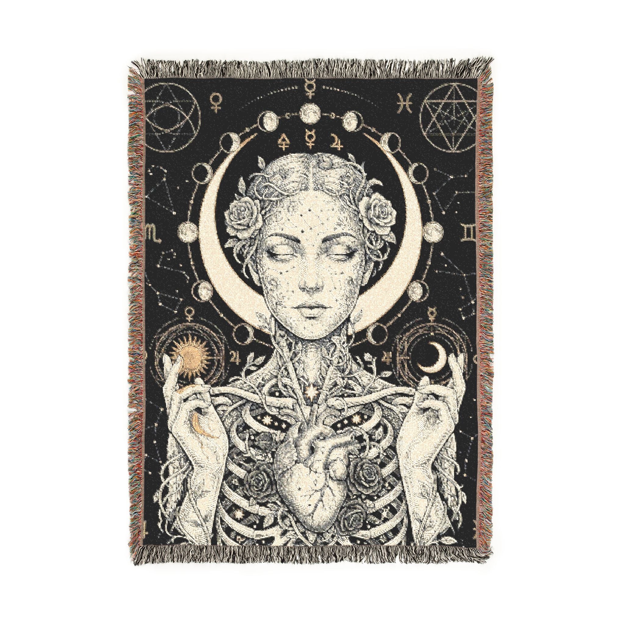 Mystical Celestial Goddess Woven Throw Blanket Dark Macabre Botanical Tapestry