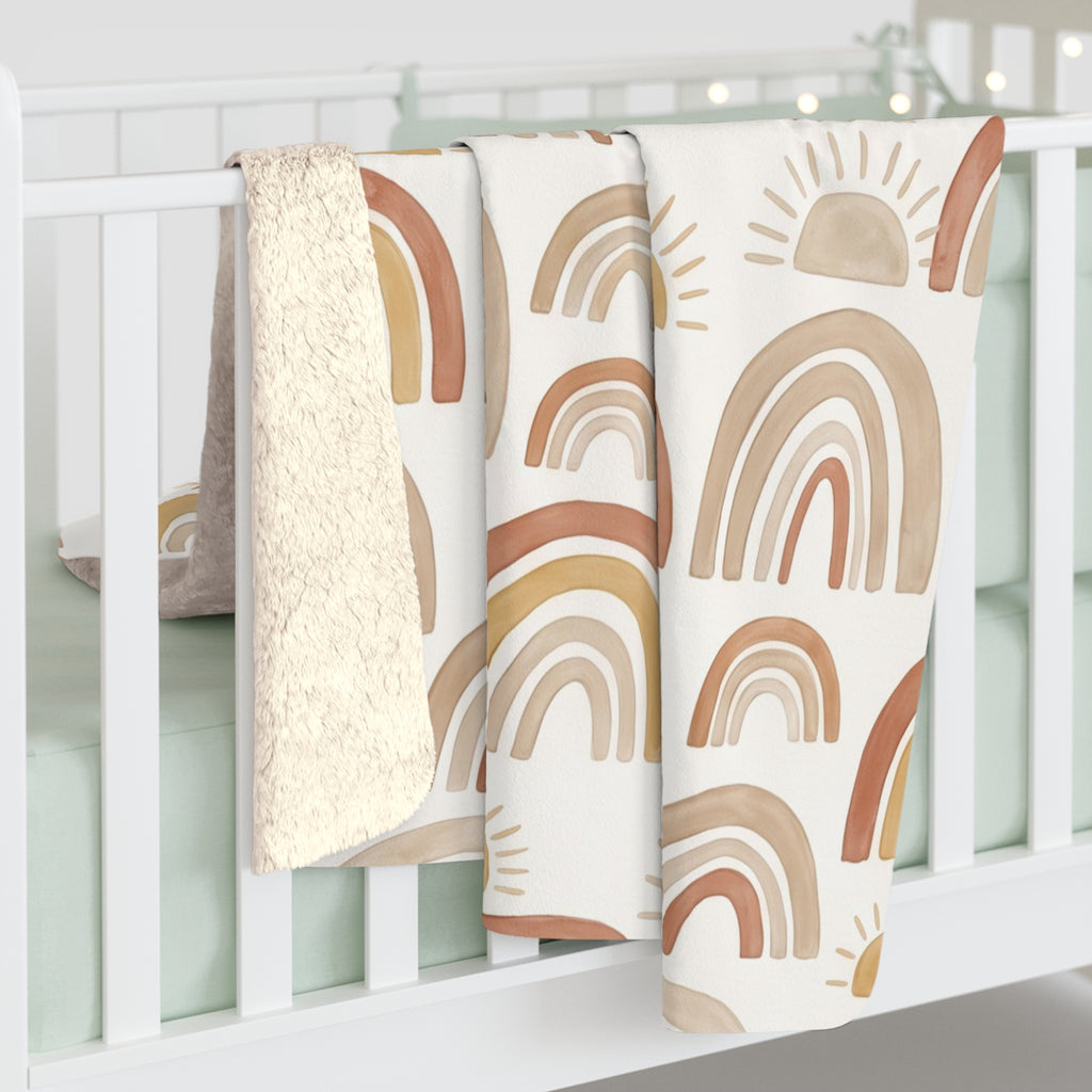 Boho Watercolor Rainbow & Sun Sherpa Fleece Blanket Neutral Nursery Throw