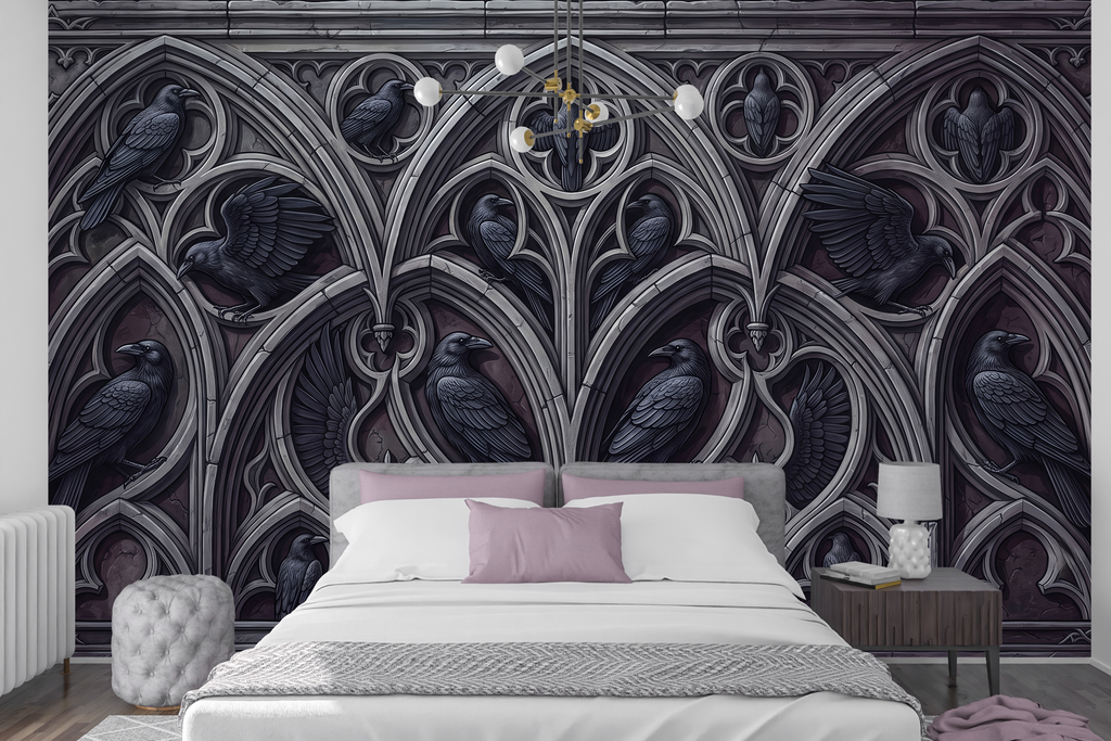 Medieval carved arch and crow peel and stick wallpaper behind an iron bed