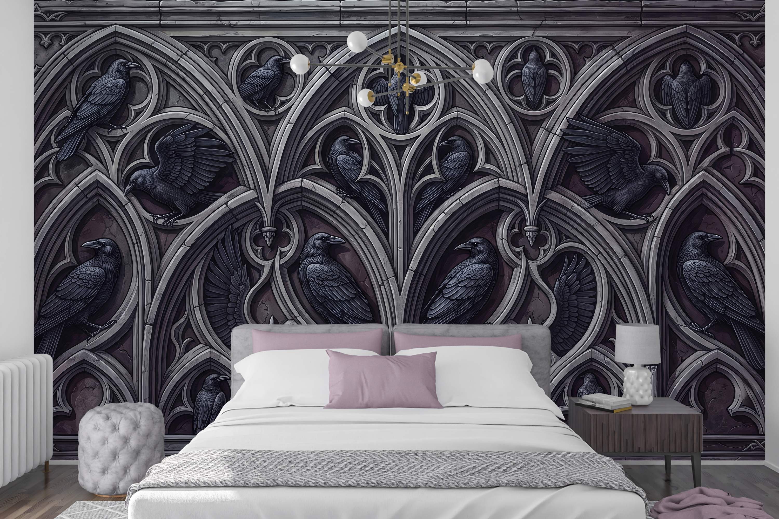 Medieval carved arch and crow peel and stick wallpaper behind an iron bed
