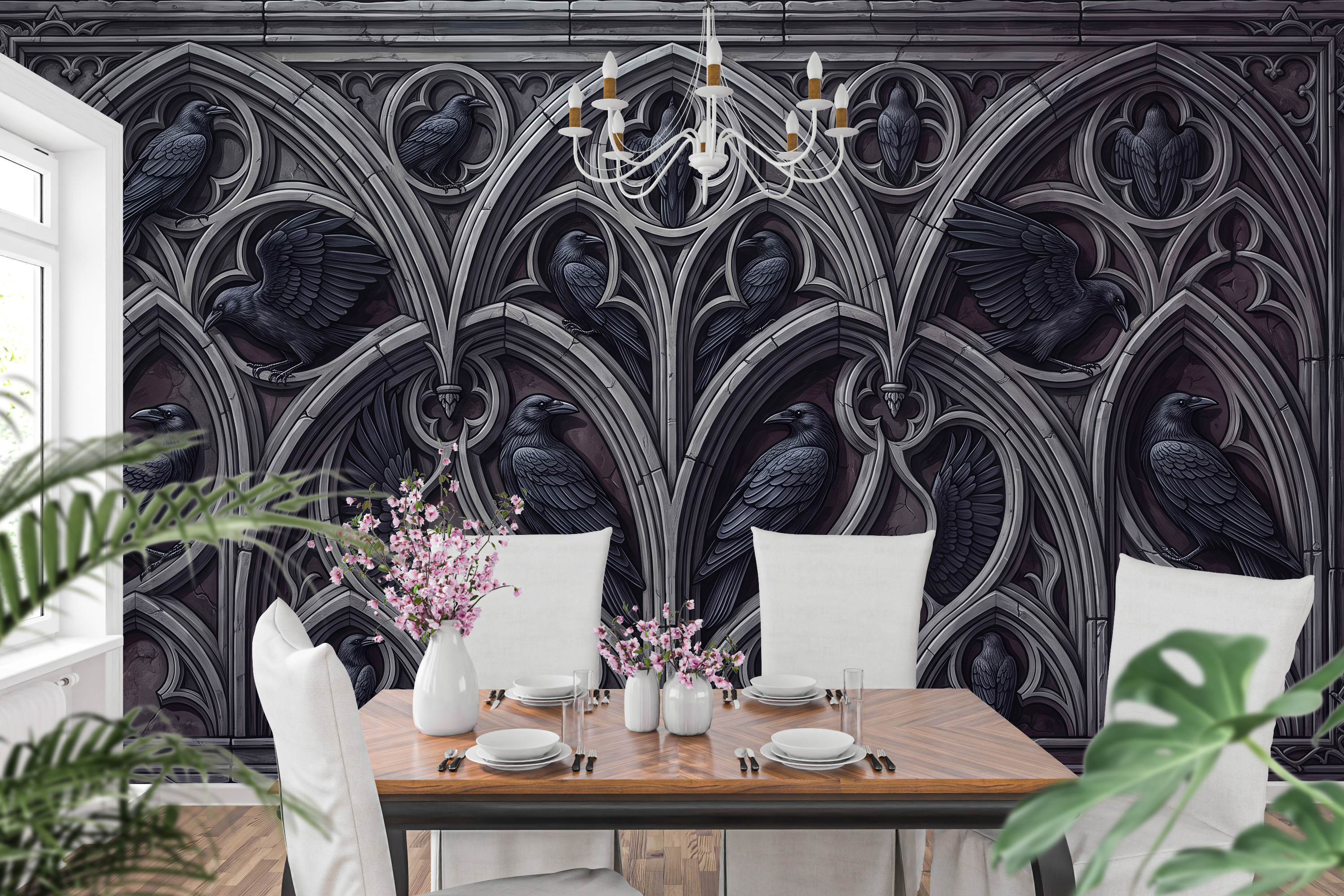 3D Gothic Raven & Stone Archway Wall Mural Dark Academia Architectural Wallpaper