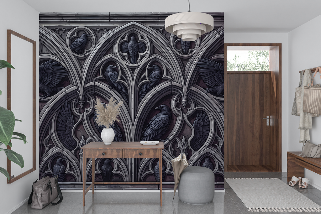 Edgy medieval stone architecture wall mural transforming a themed escape room