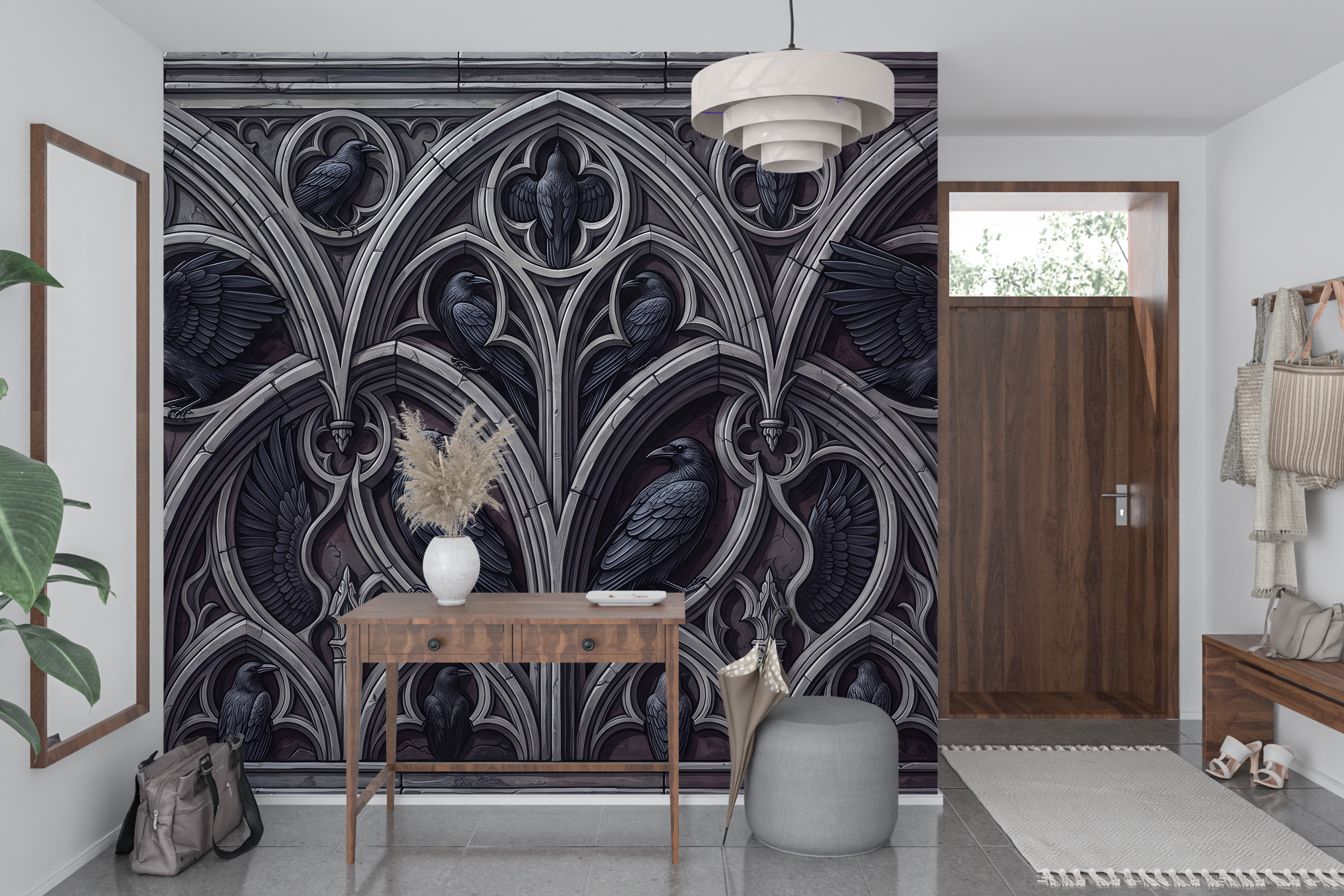 Edgy medieval stone architecture wall mural transforming a themed escape room