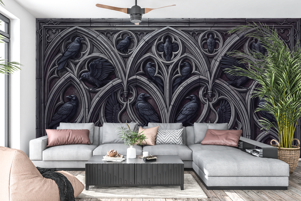 3D gothic stone raven mural in a dramatic dark academia living room