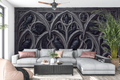 3D gothic stone raven mural in a dramatic dark academia living room