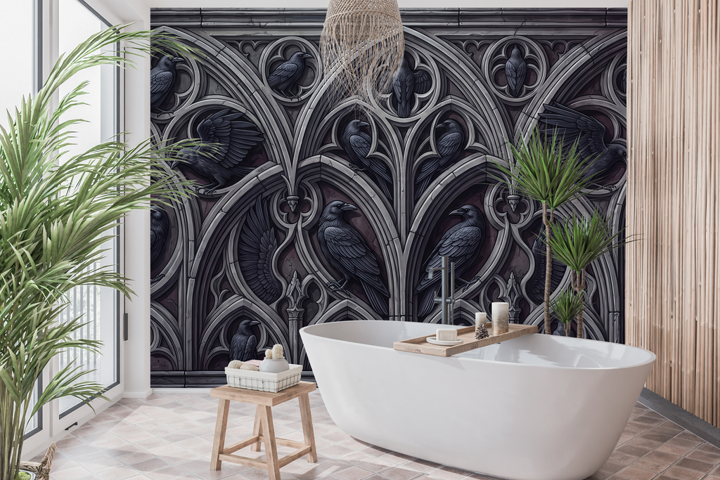 Waterproof vinyl trompe l'oeil gothic wallpaper applied in a dark powder room