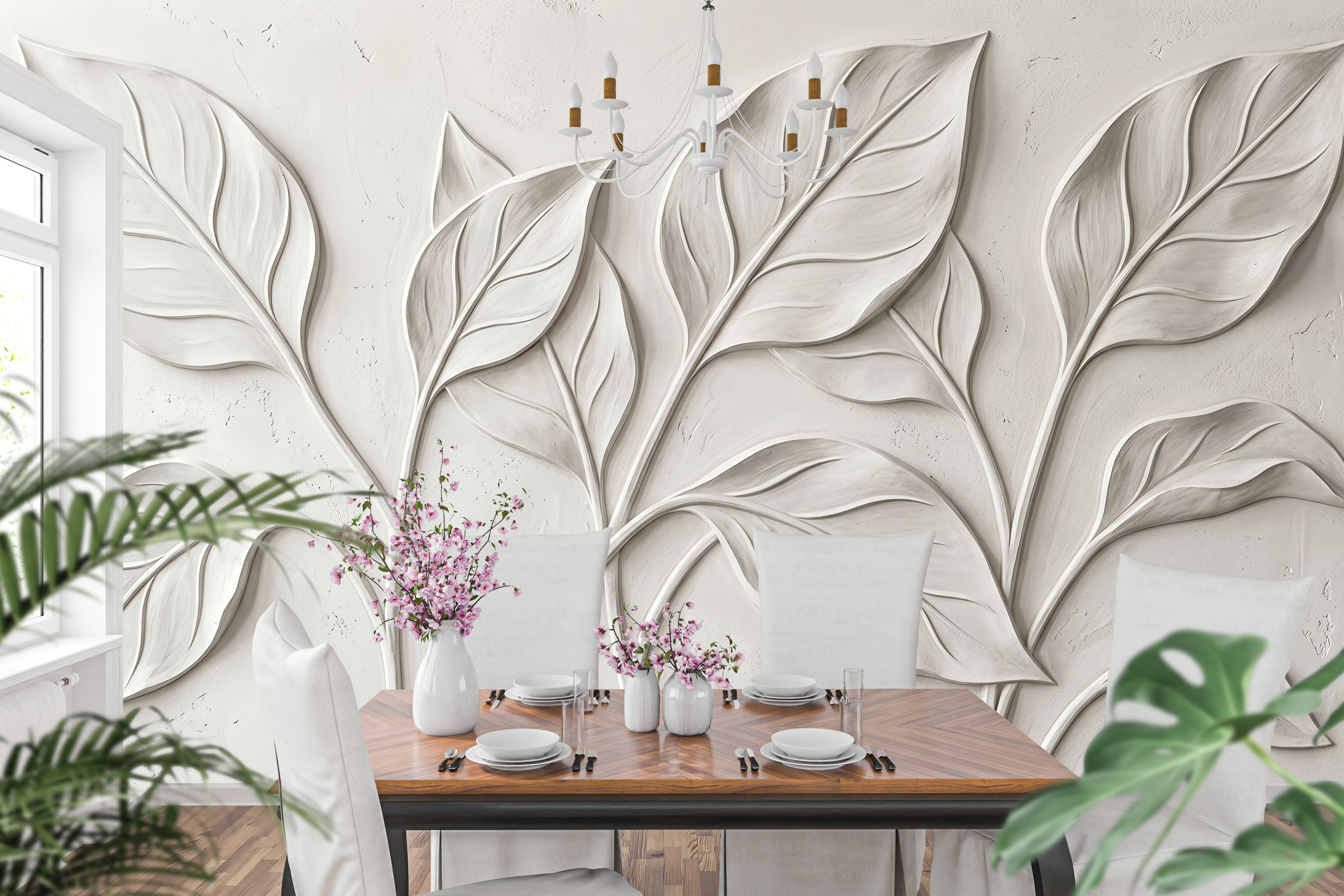 Off-white stucco texture wall mural creating an architectural accent wall in a dining room