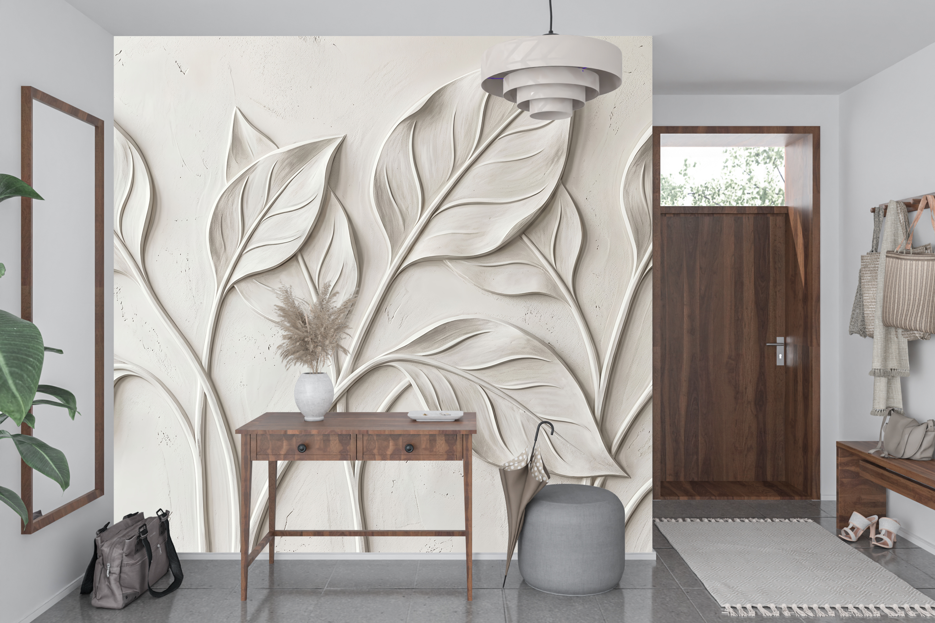 Modern sculptural white leaf wall mural transforming a chic home office or entryway