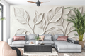3D plaster leaf bas-relief mural in a minimalist elegant living room