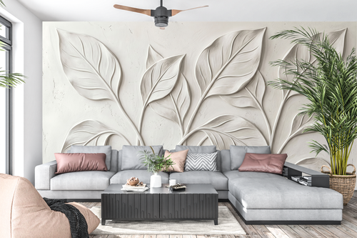 3D plaster leaf bas-relief mural in a minimalist elegant living room