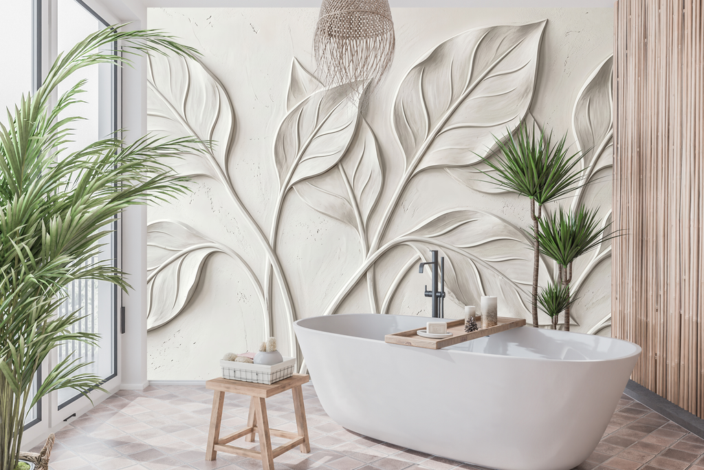 Waterproof vinyl faux plaster leaf wallpaper applied in a spa-like neutral bathroom