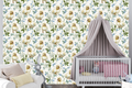 Watercolour duckling nursery wallpaper featuring adorable fluffy yellow baby ducks, periwinkle blue forget-me-not flowers, white hydrangea clusters, and sage green trailing vines on a soft ivory ground — premium nursery wallpaper by WallpaperPixi