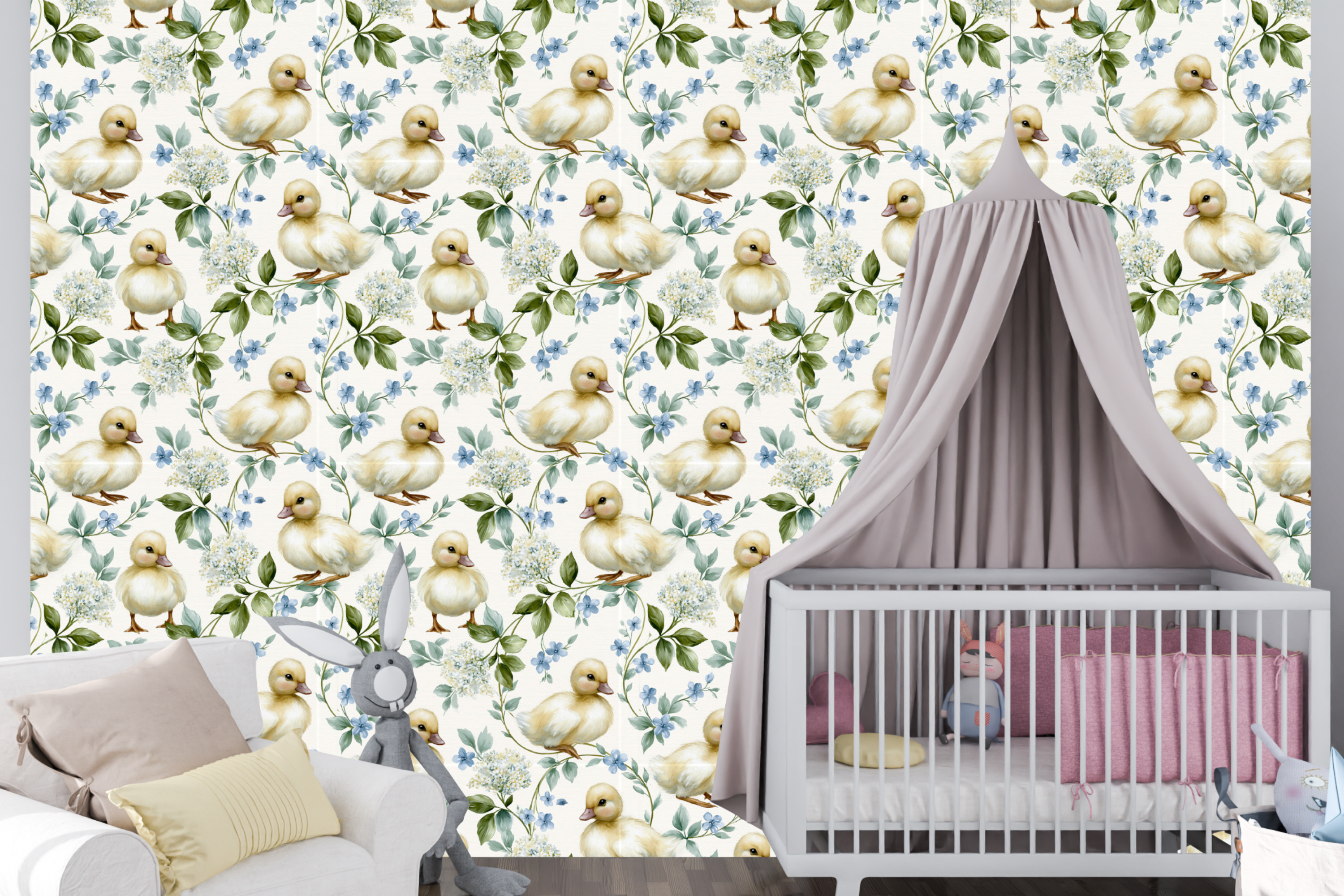 Watercolour duckling nursery wallpaper featuring adorable fluffy yellow baby ducks, periwinkle blue forget-me-not flowers, white hydrangea clusters, and sage green trailing vines on a soft ivory ground — premium nursery wallpaper by WallpaperPixi