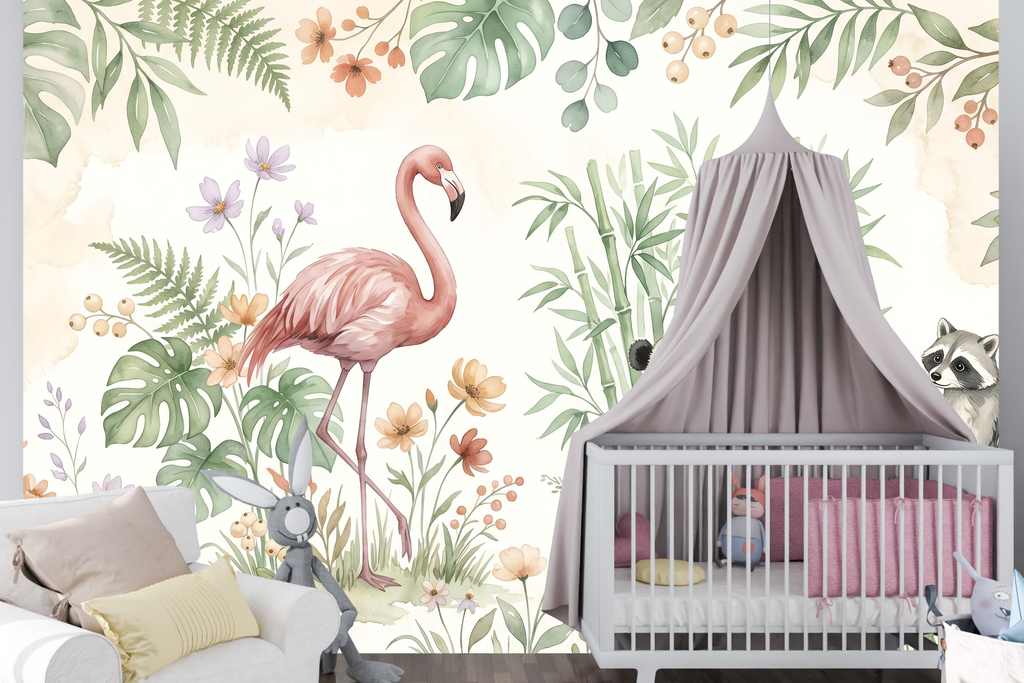 Watercolour safari animal nursery mural styled in a bright gender-neutral nursery with white cot, natural timber furniture, and soft morning light — peel and stick or traditional paste nursery wall mural by WallpaperPixi