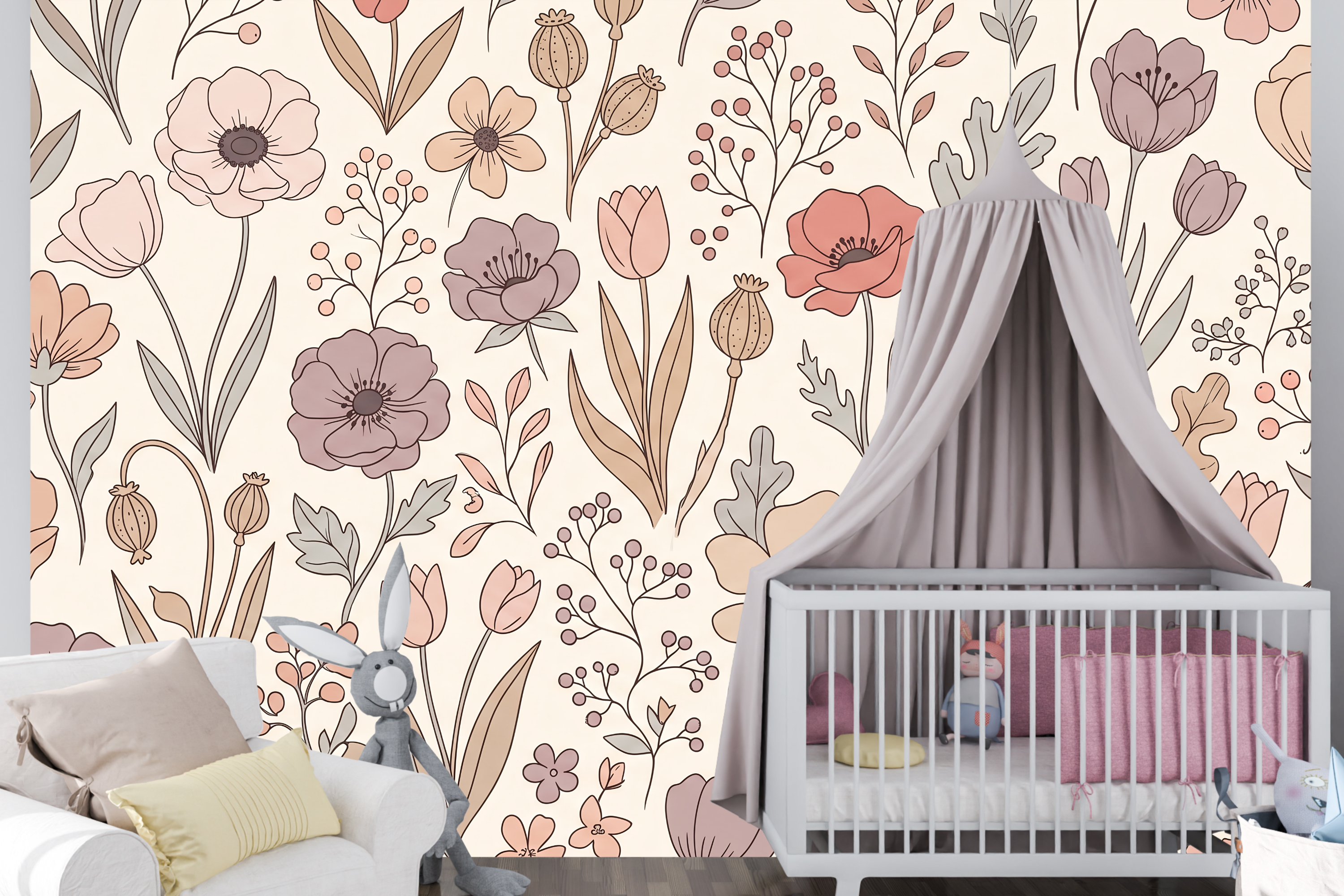 Vintage boho wildflower wallpaper in a sweet cottagecore baby nursery
