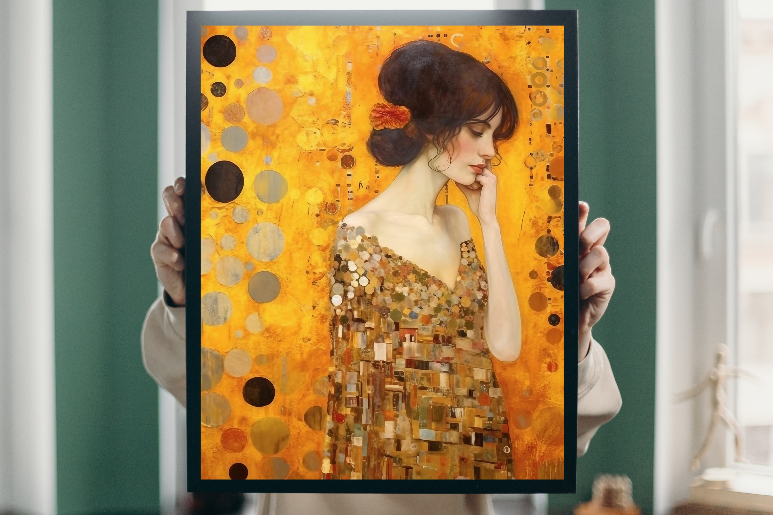 Elegant Golden Woman print in a sophisticated, opulent home office or study.