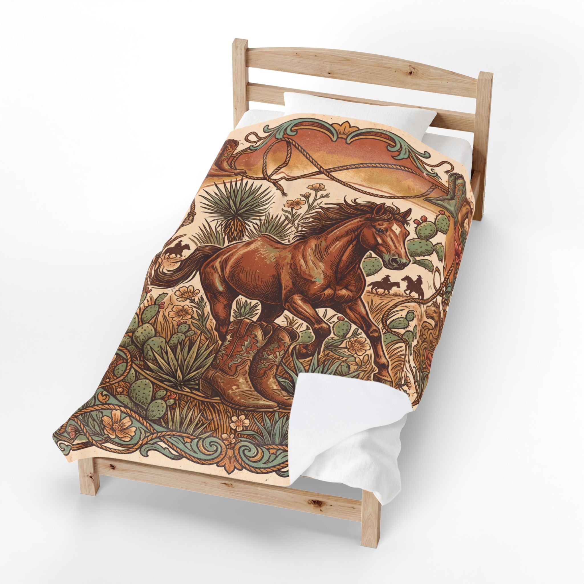 Vintage Western Wild Horse Plush Throw Blanket Cowboy Desert Velvety Blanket