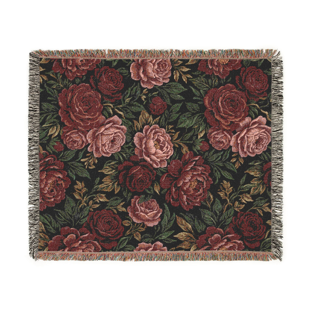 Vintage Moody Floral Woven Throw Blanket Dark Botanical Rose Tapestry