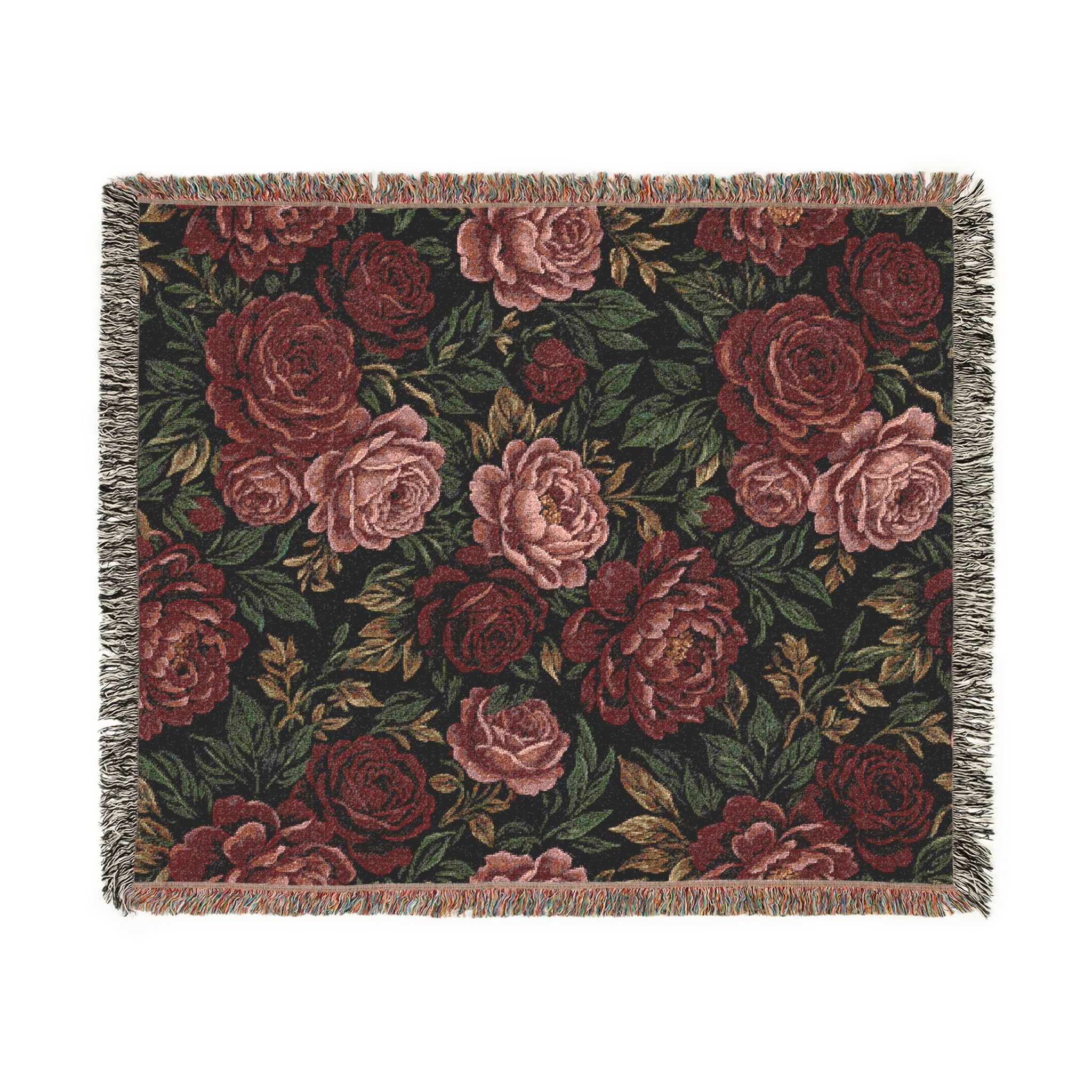 Vintage Moody Floral Woven Throw Blanket Dark Botanical Rose Tapestry