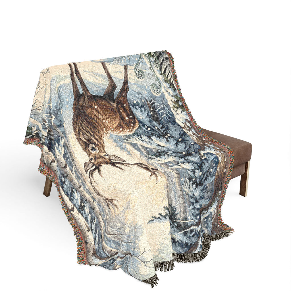 Winter Woodland Stag Woven Throw Blanket Rustic Snow Scene Tapestry