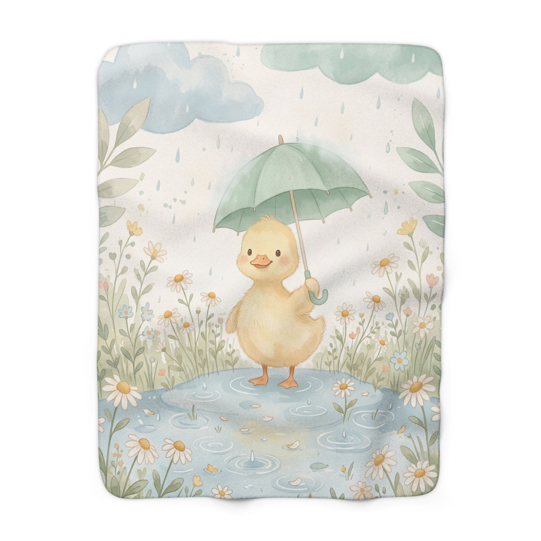 Watercolor Rainy Day Duckling Sherpa Fleece Blanket Cute Spring Marshmallow Throw