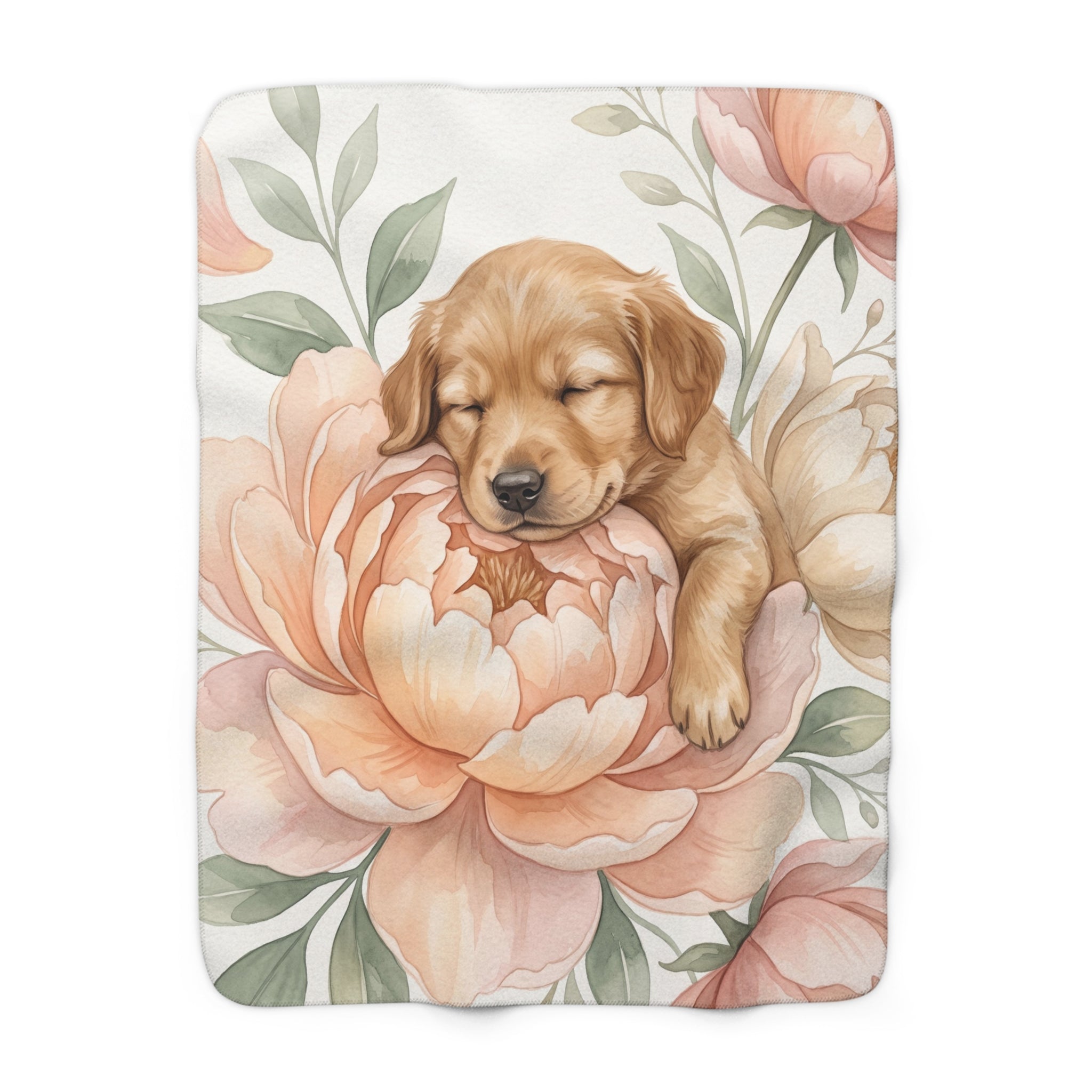 Watercolor Sleeping Puppy & Peony Sherpa Fleece Blanket Floral Cozy Throw
